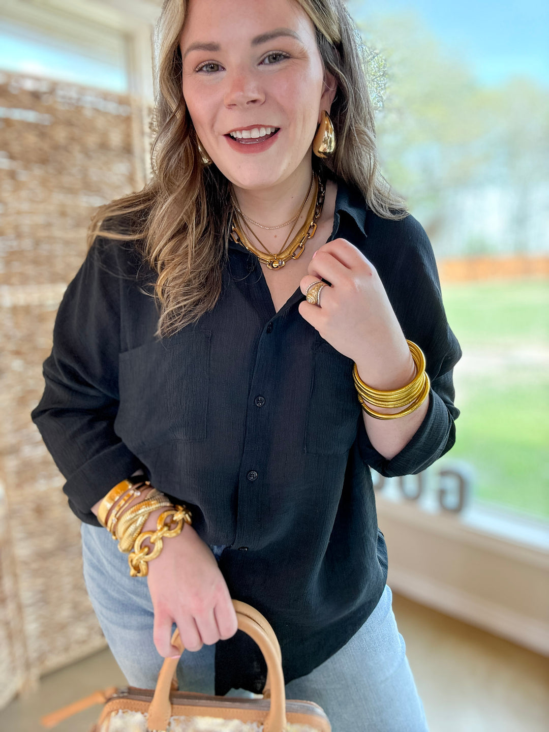 Effortlessly Charming Button Up Crepe Fabric Top in Black - Giddy Up Glamour Boutique