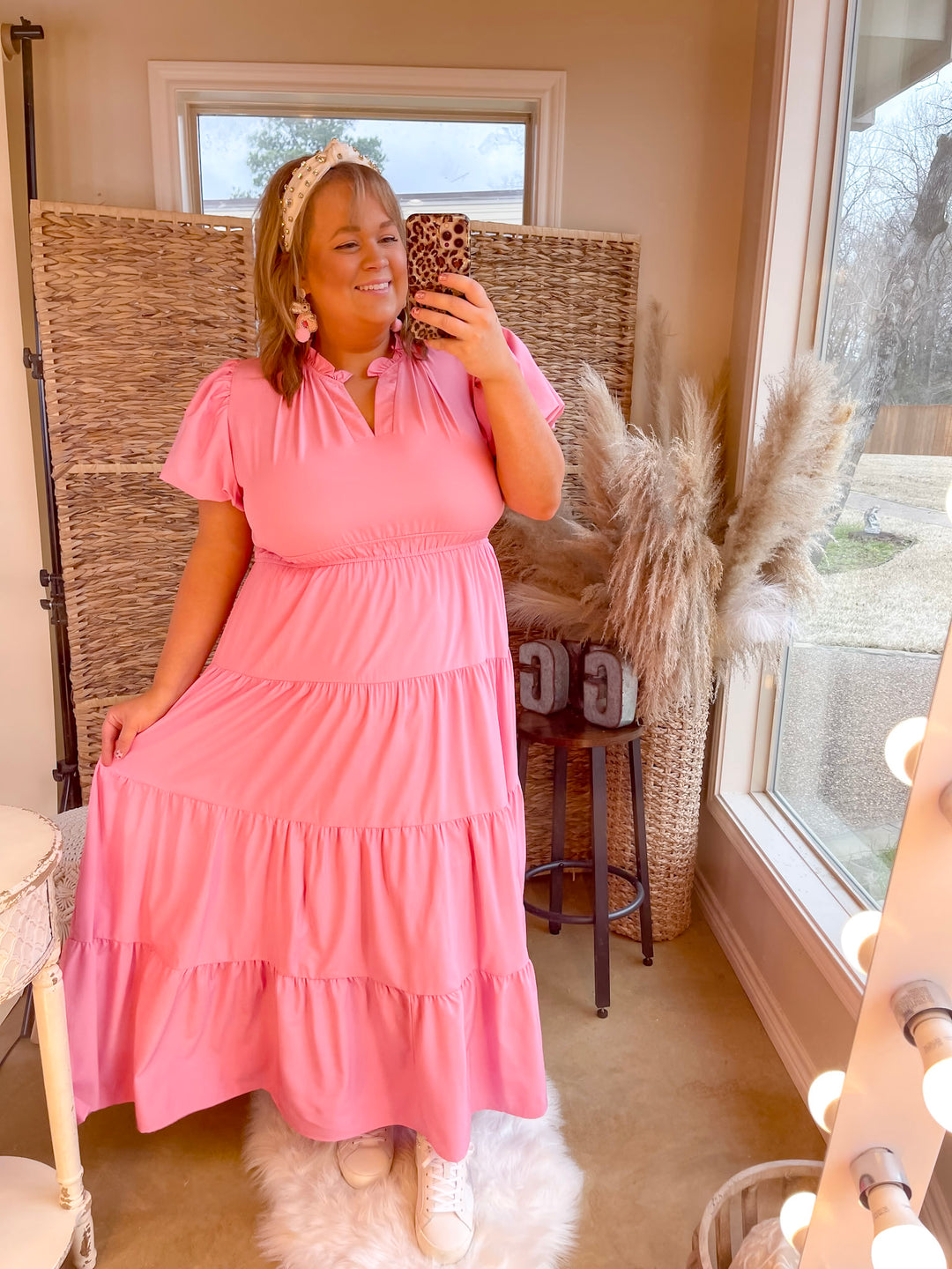 Table for Two Tiered Maxi Dress with Puff Sleeves in Bubblegum Pink - Giddy Up Glamour Boutique