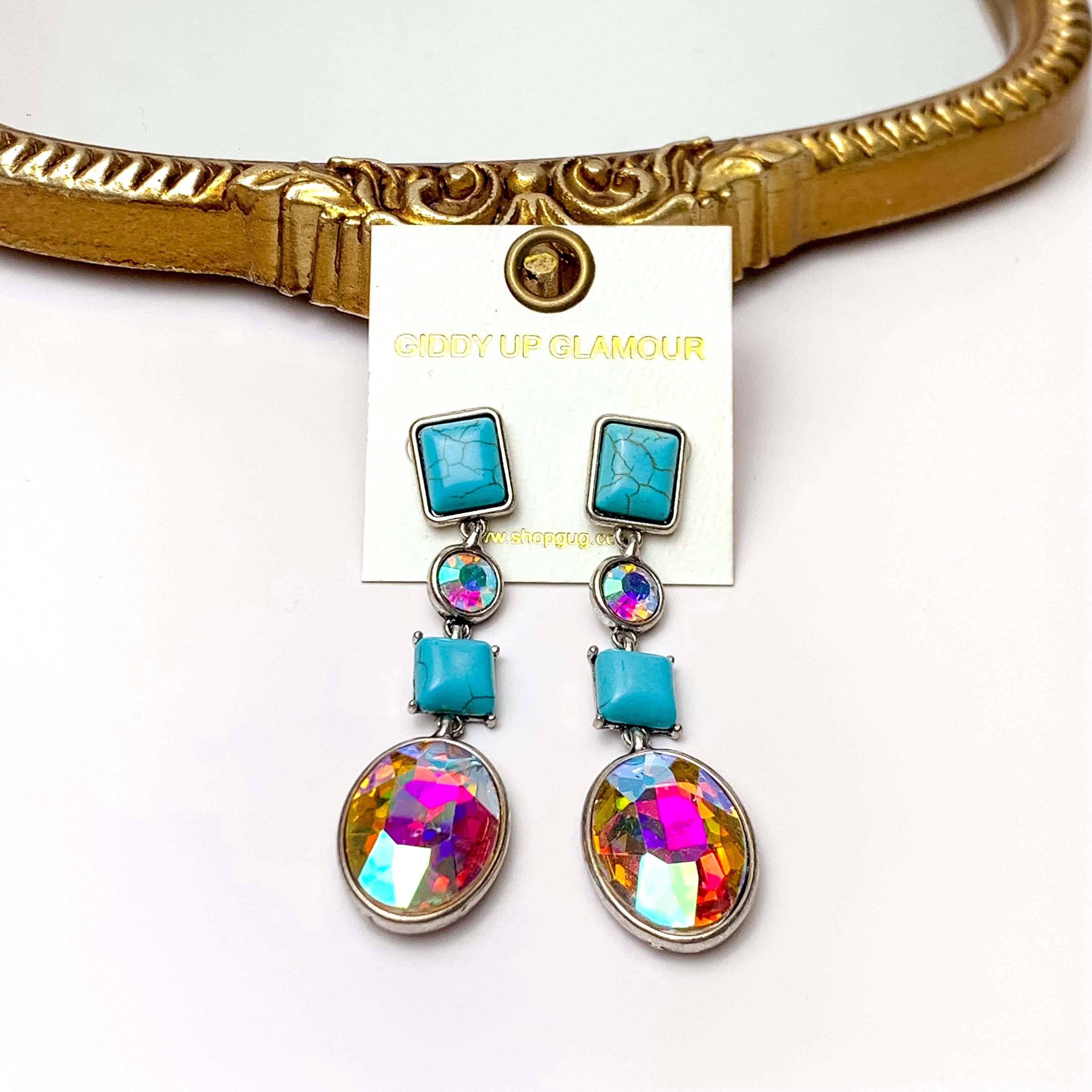 4 Tier Rectangle Post Faux Turquoise and AB Crystal Dangle Earrings - Giddy Up Glamour Boutique