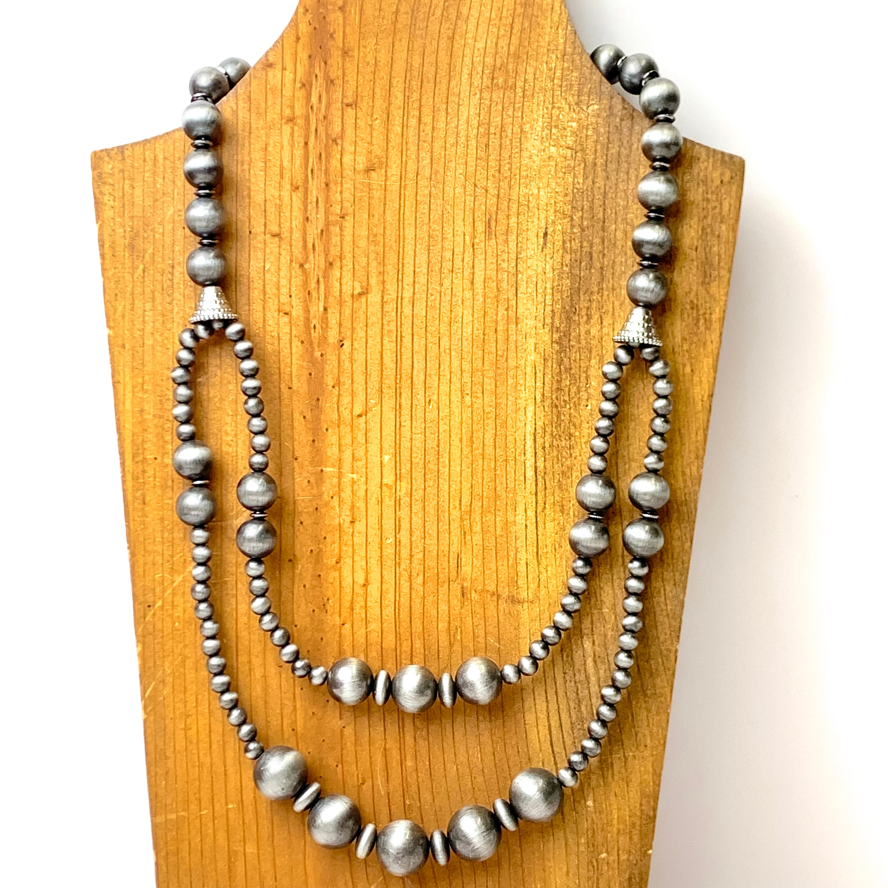 Double Row Faux Navajo Pearl Layering Necklace in Silver Tone - Giddy Up Glamour Boutique