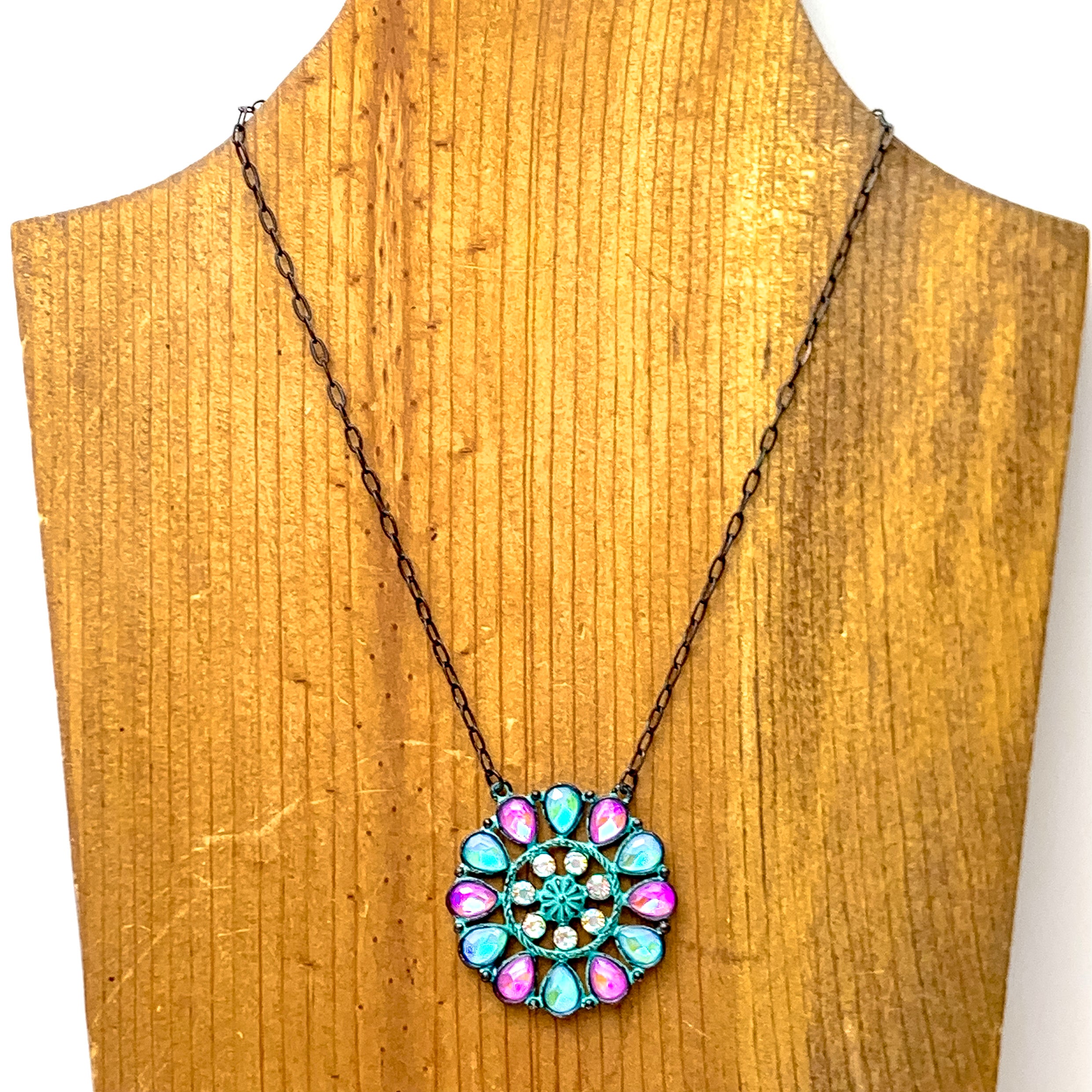 Desert Daisy Patina Tone Flower Concho Necklace in Pink and Turquoise - Giddy Up Glamour Boutique