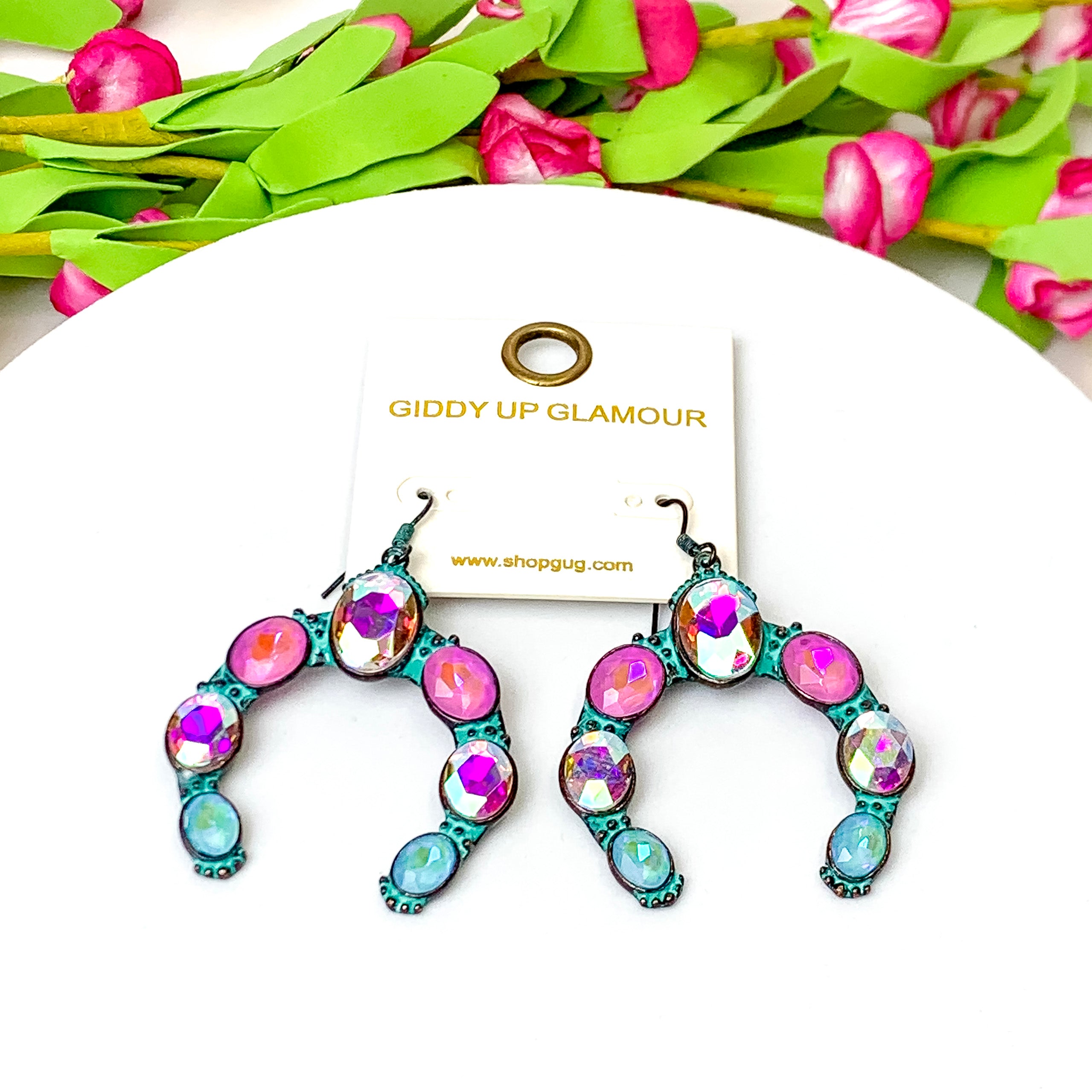 Desert Glow Patina Tone Naja Pendant Drop Earrings in Pink and Turquoise