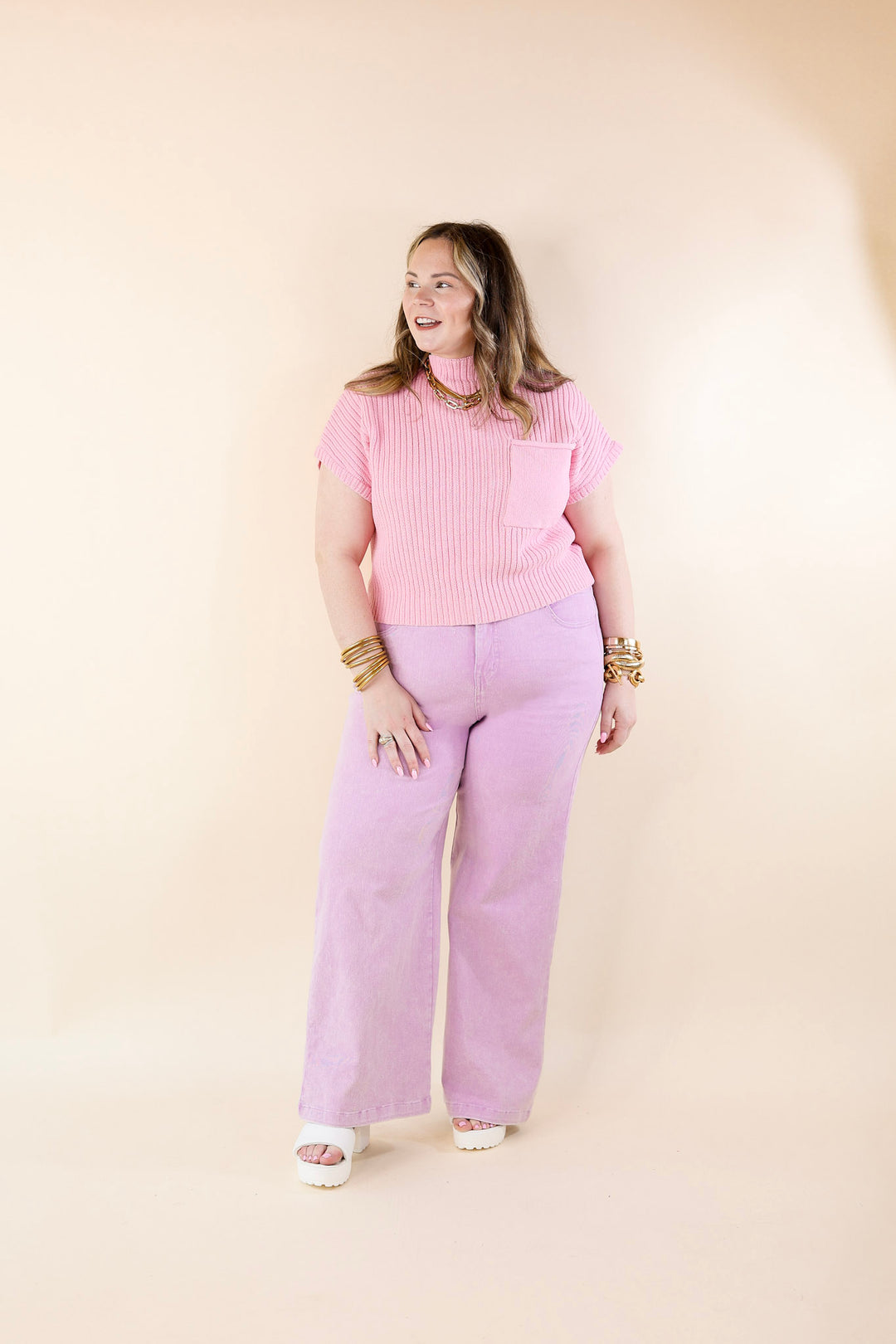 City Sights Cap Sleeve Summer Sweater Top with Pocket in Pink - Giddy Up Glamour Boutique