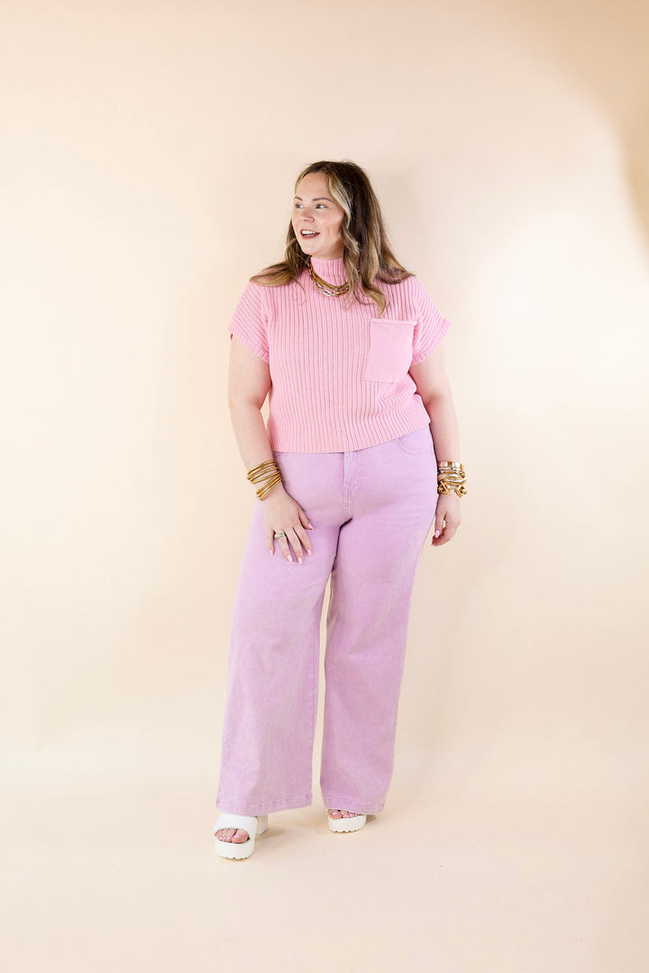 City Sights Cap Sleeve Summer Sweater Top with Pocket in Pink - Giddy Up Glamour Boutique