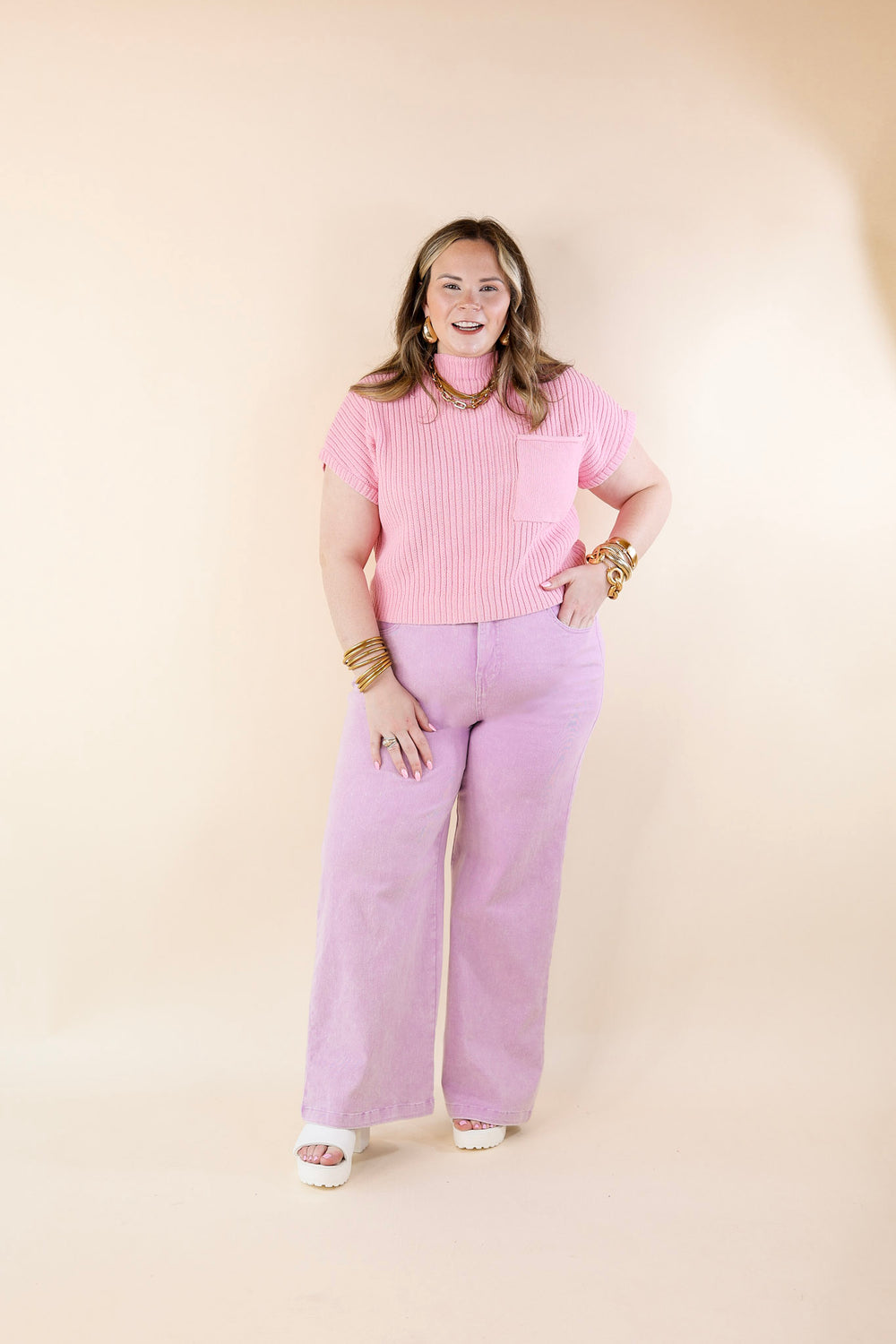 City Sights Cap Sleeve Summer Sweater Top with Pocket in Pink - Giddy Up Glamour Boutique