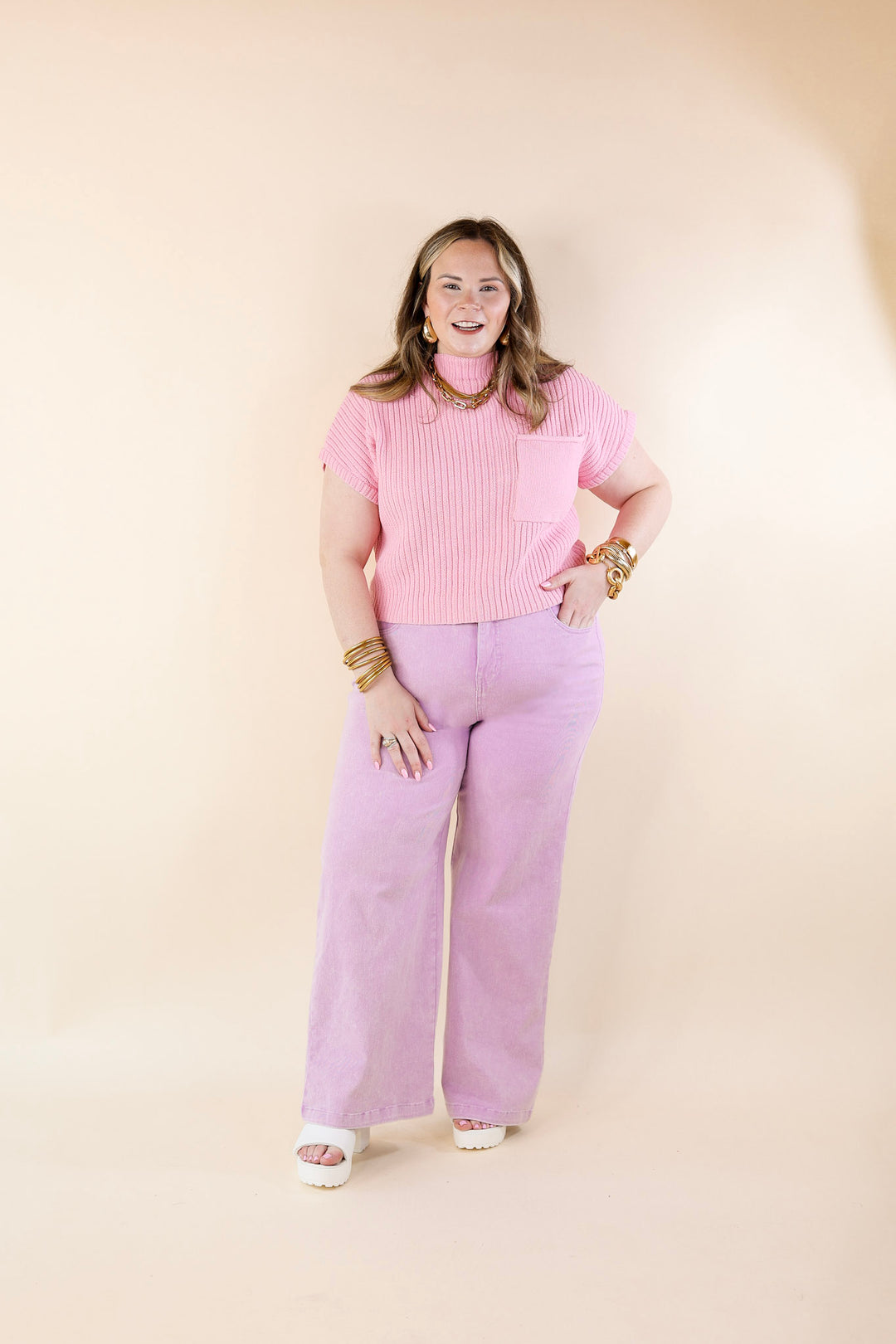 City Sights Cap Sleeve Summer Sweater Top with Pocket in Pink - Giddy Up Glamour Boutique