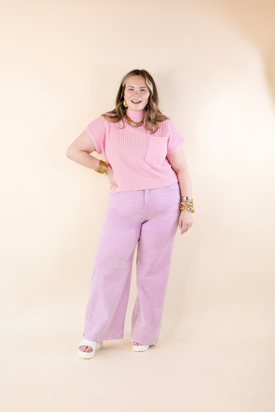 City Sights Cap Sleeve Summer Sweater Top with Pocket in Pink - Giddy Up Glamour Boutique