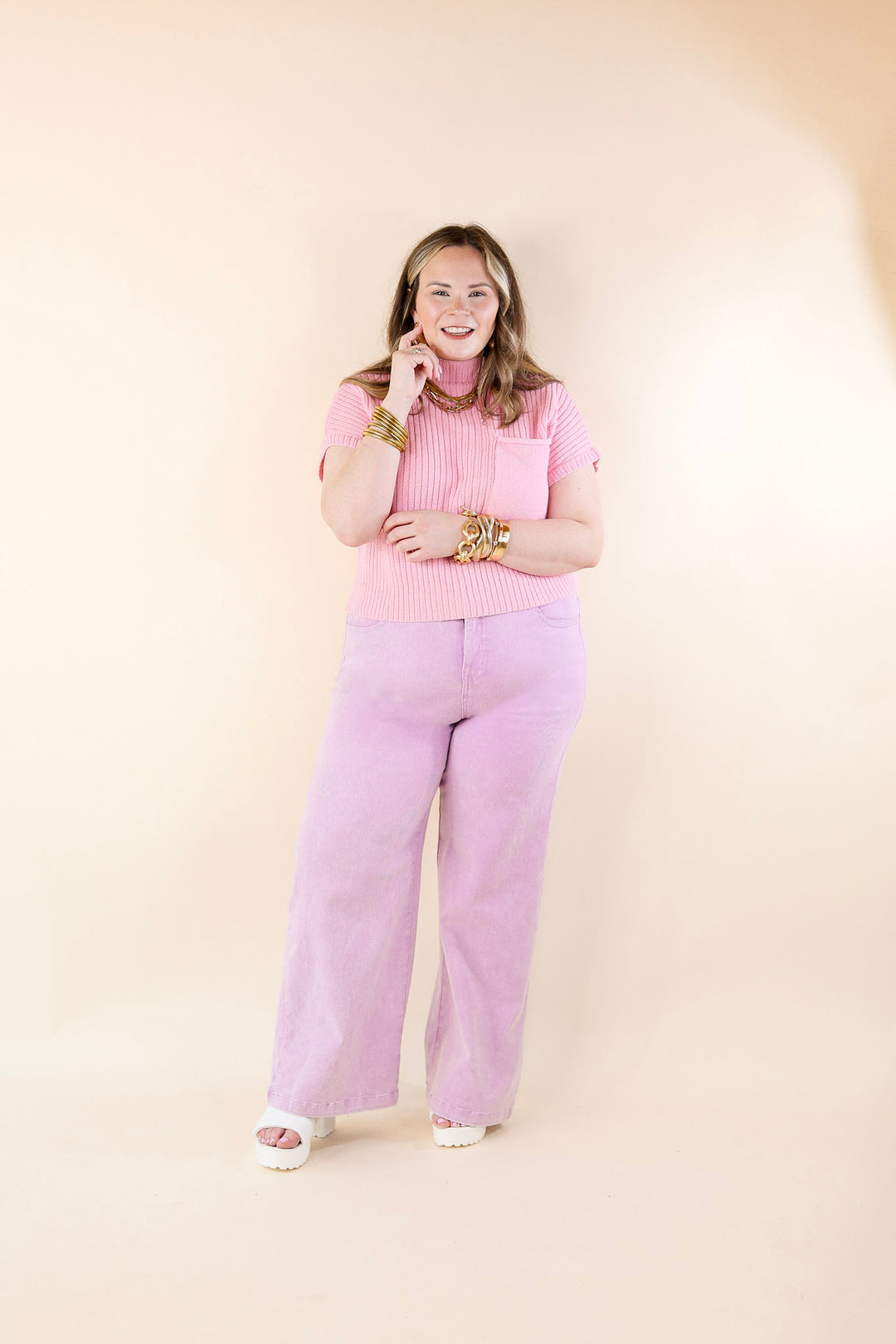 City Sights Cap Sleeve Summer Sweater Top with Pocket in Pink - Giddy Up Glamour Boutique