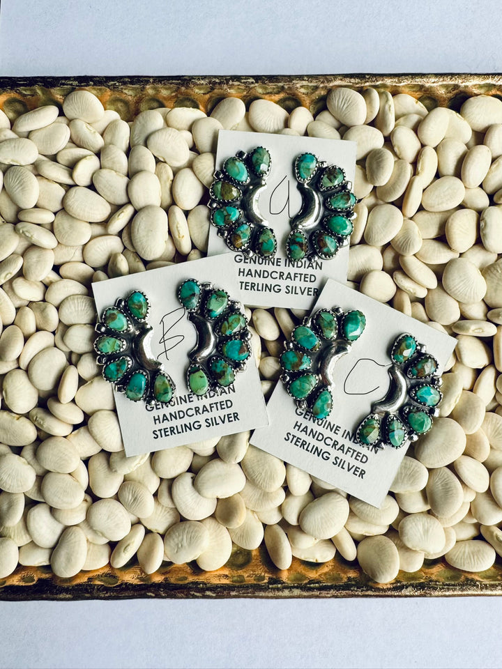 Desert Bloom Native American Sterling Silver &amp; Turquoise Half Cluster Earrings