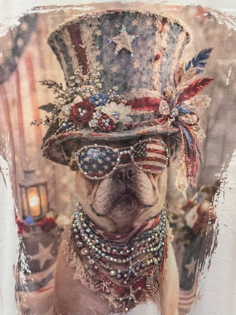 PREORDER | Stars Aligned Red, White and Blue Patriotic Bulldog Short Sleeve Graphic Tee with Crystals in Cream