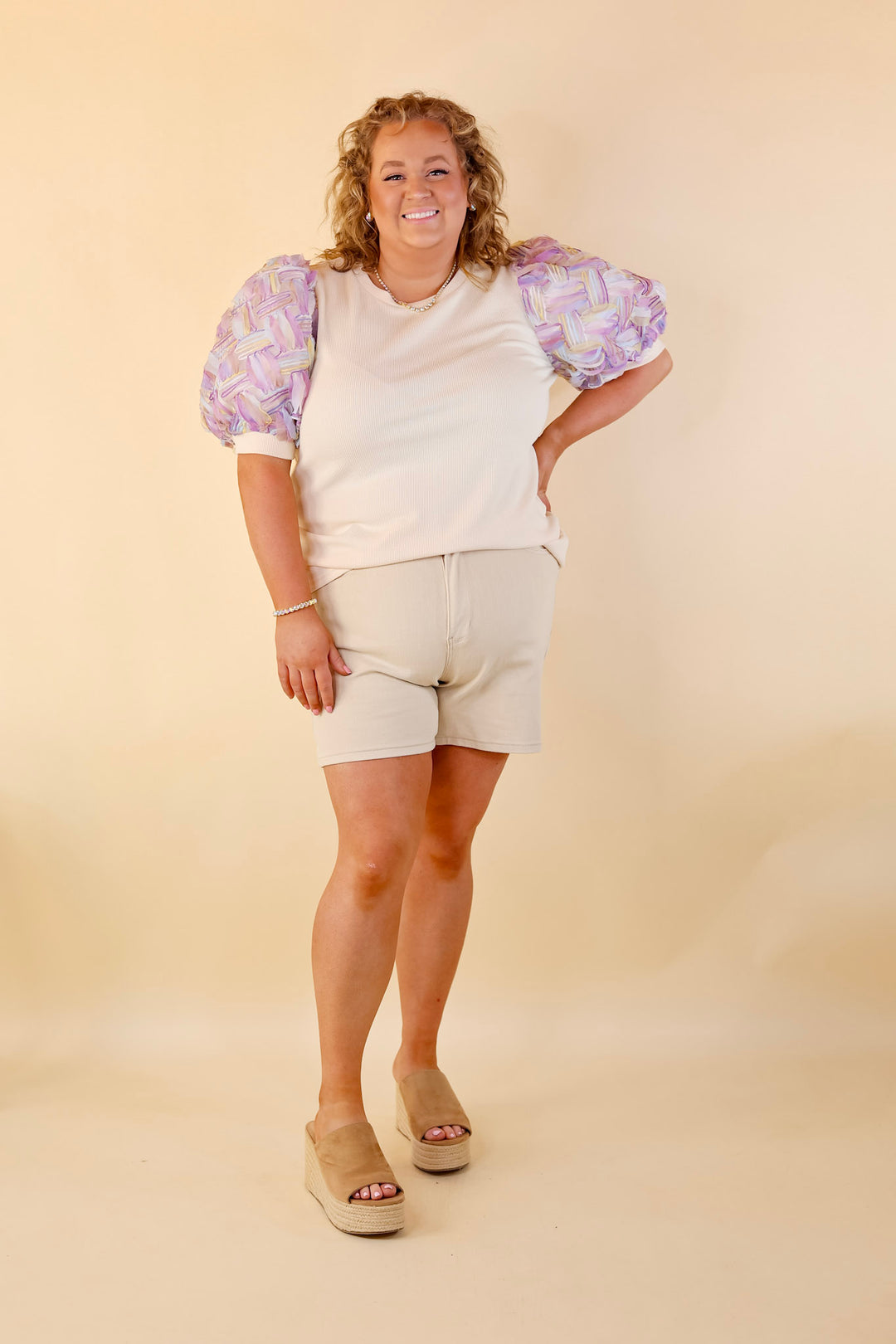 Spring Girls Multi-Color Geometric Stripe Tulle Balloon Sleeve Top in Purple - Giddy Up Glamour Boutique