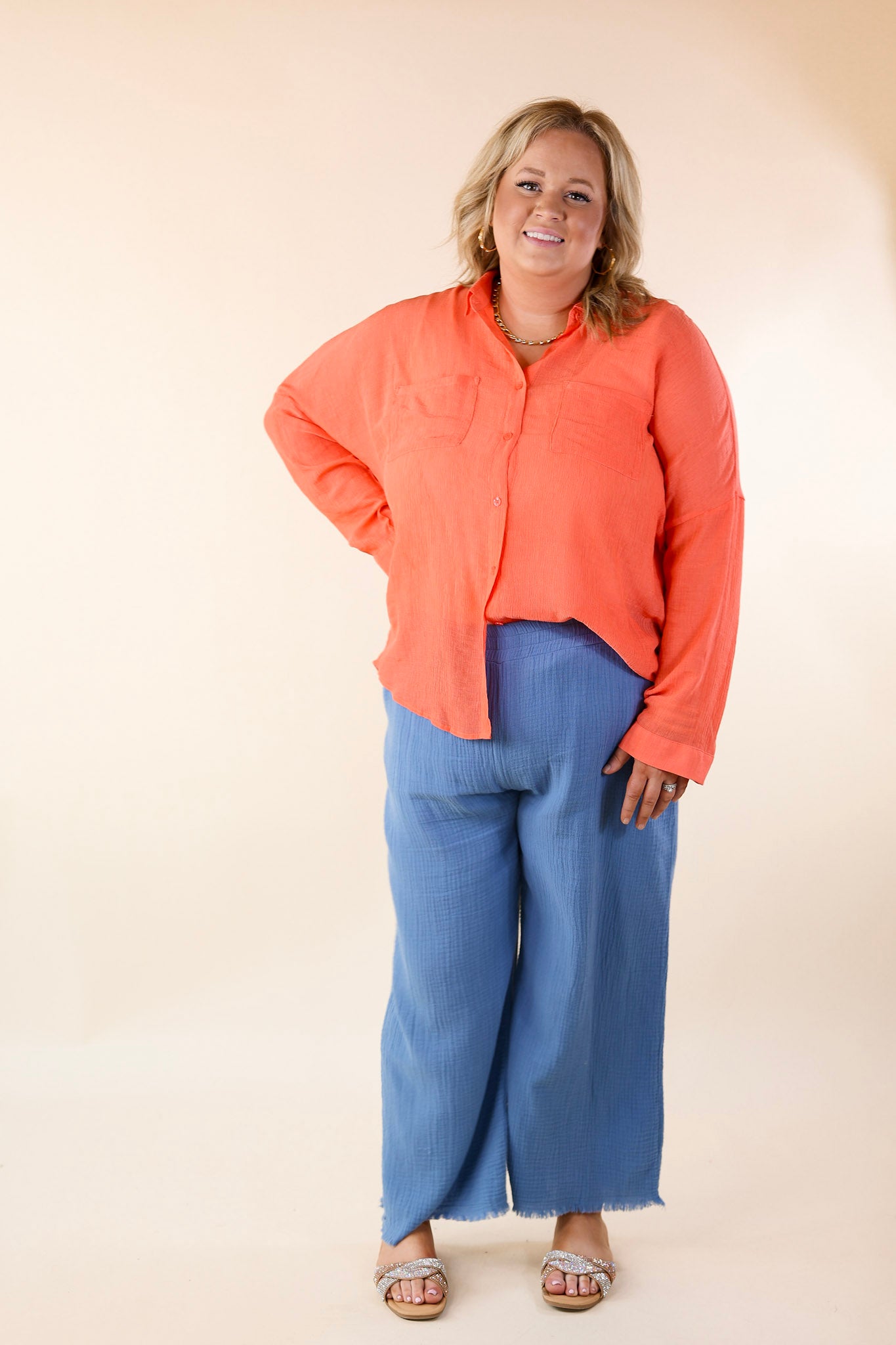 Effortlessly Charming Button Up With Crepe Fabric Top in Coral Orange - Giddy Up Glamour Boutique