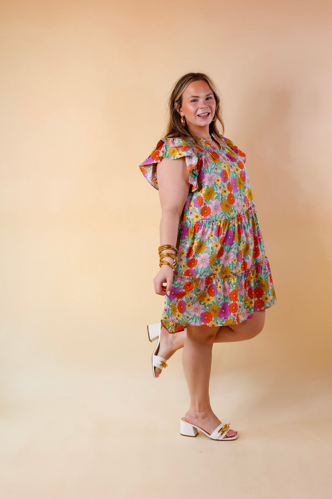 Pretty Days Floral Notched Neckline Dress in Cream - Giddy Up Glamour Boutique