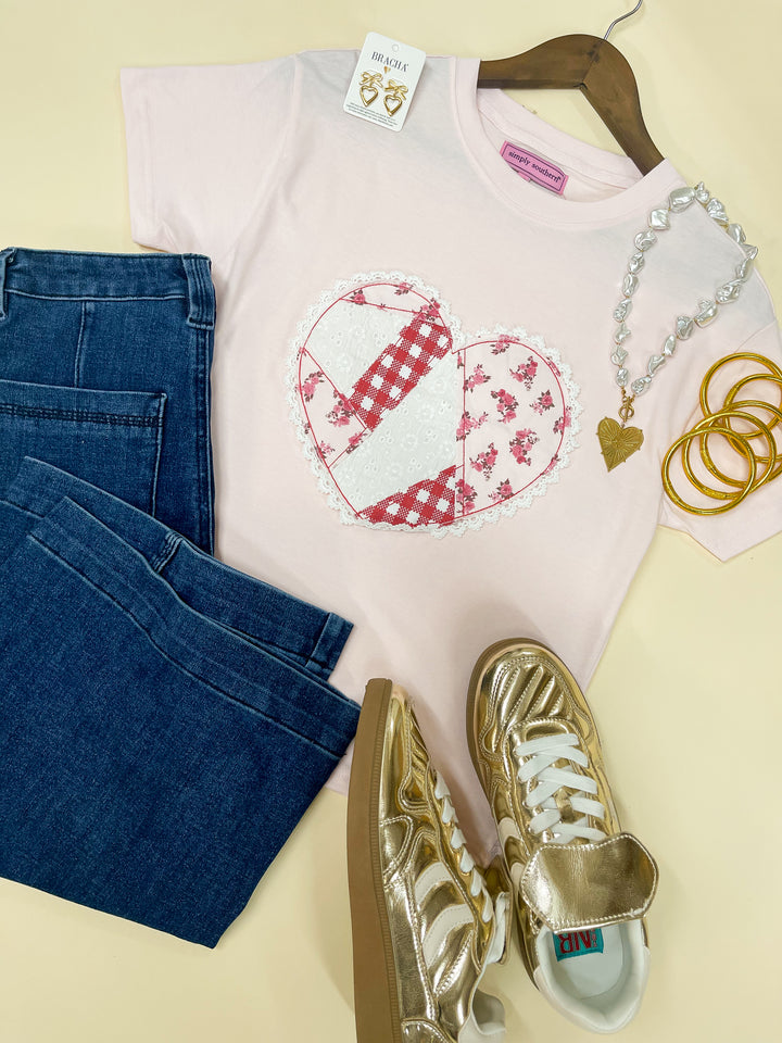 Simply Southern | Sweetly Yours Patchwork Heart with Lace Trim Short Sleeve T-Shirt in Pink