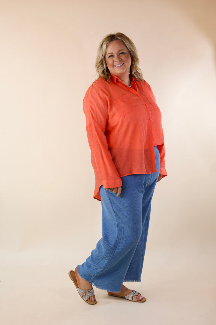 Effortlessly Charming Button Up With Crepe Fabric Top in Coral Orange - Giddy Up Glamour Boutique