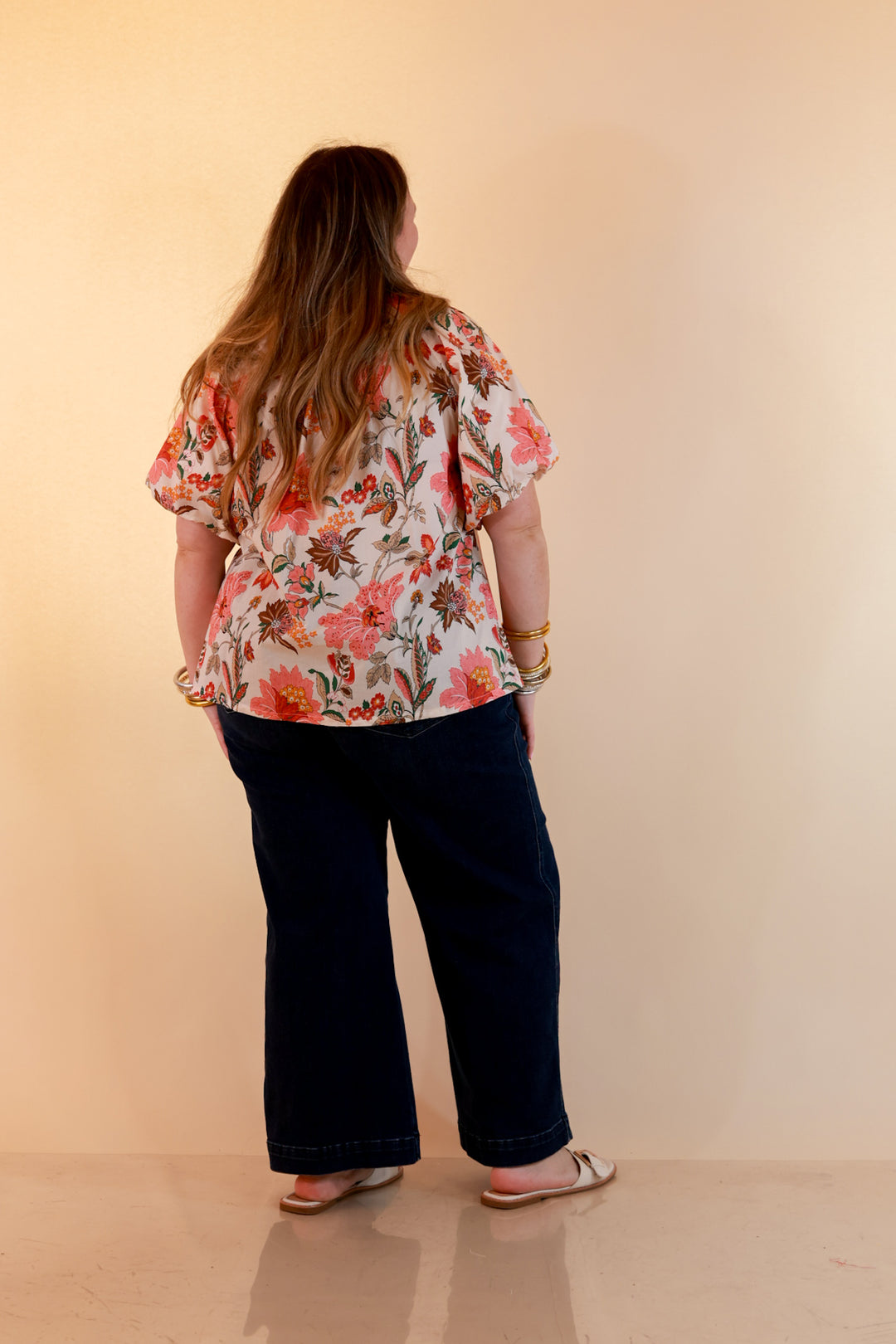 Secret Garden Floral Print Top with Contrast Collar and Puff Sleeves in Pink Multi