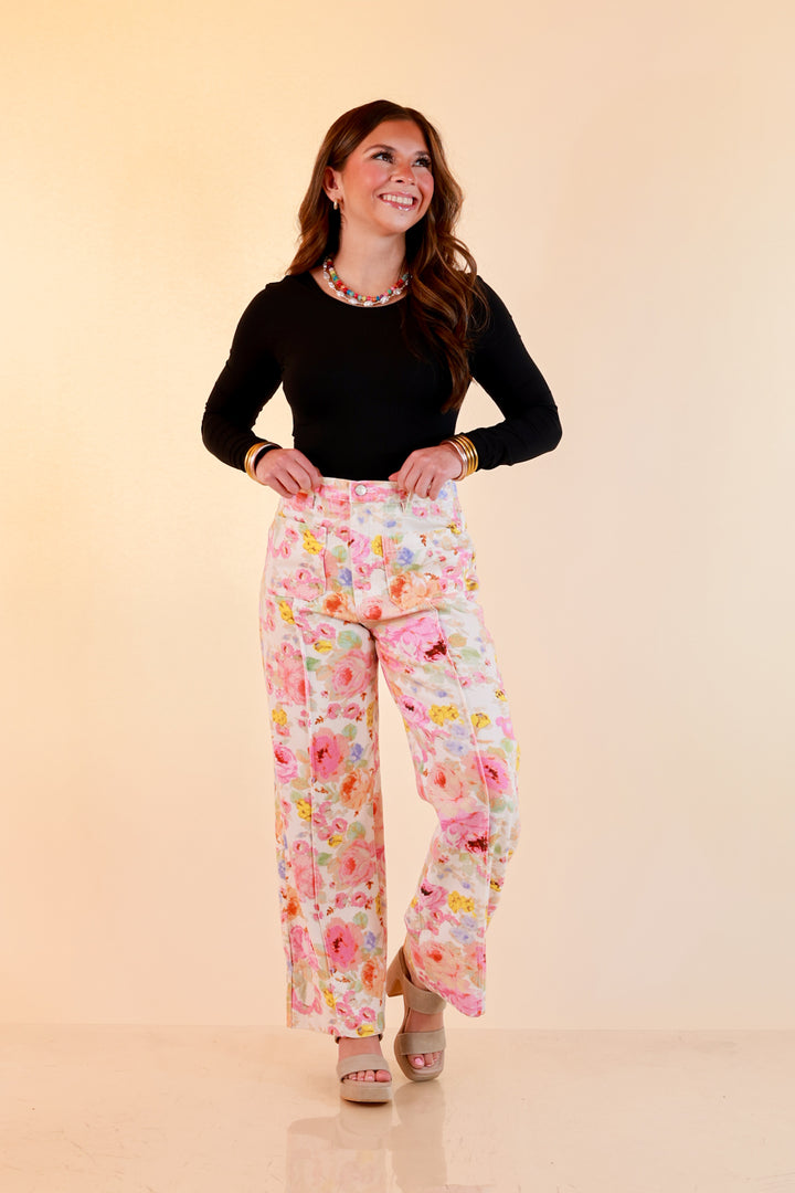 Rosy Outlook Floral Print Wide Leg Denim Pants with Front Seam in Cream