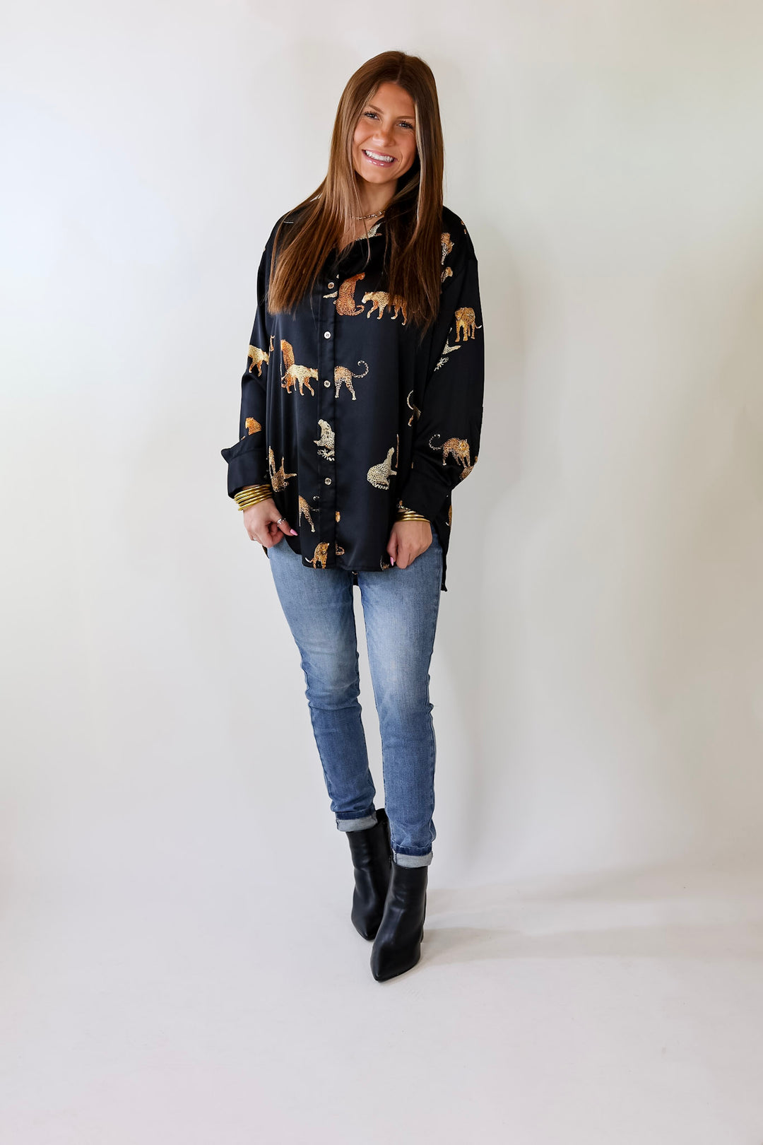 Tell Me Something Good Cheetah Print Long Sleeve Button Up Top in Black - Giddy Up Glamour Boutique