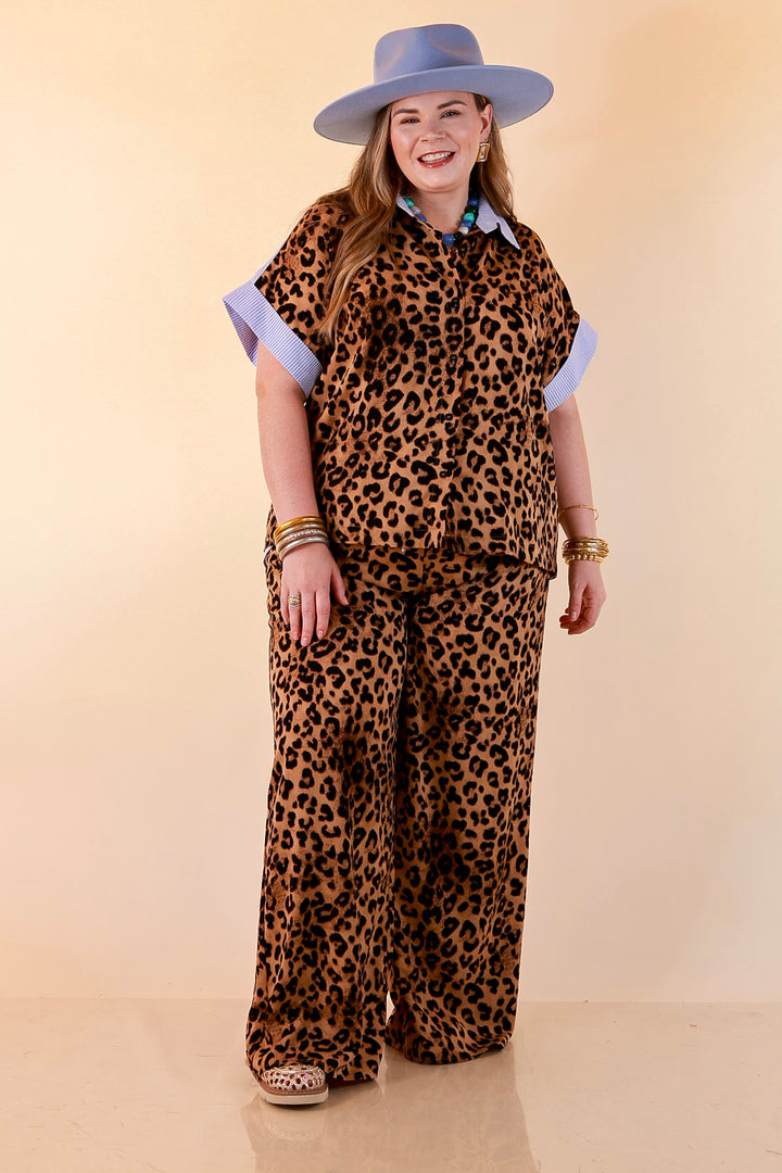 Relaxed Refinement Blue Stripe Detail Button Front Collared Top with Matching Wide Leg Pants Set in Leopard Print