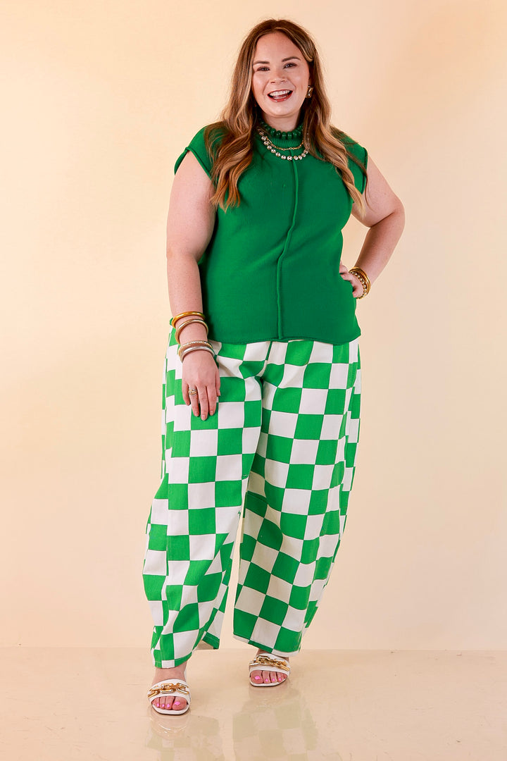 Check Me Out Wide Leg Checkered Print Barrel Denim Jean in Green