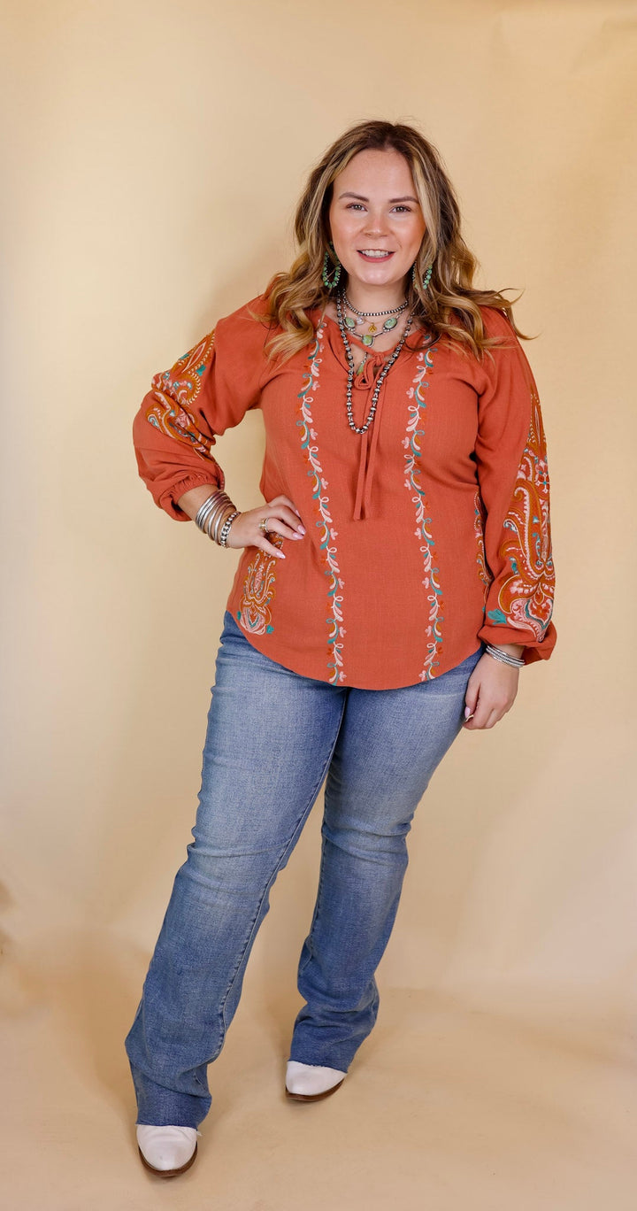 Warm Personality Floral Embroidered Long Sleeve Top with Front Keyhole and Tie in Clay Orange - Giddy Up Glamour Boutique