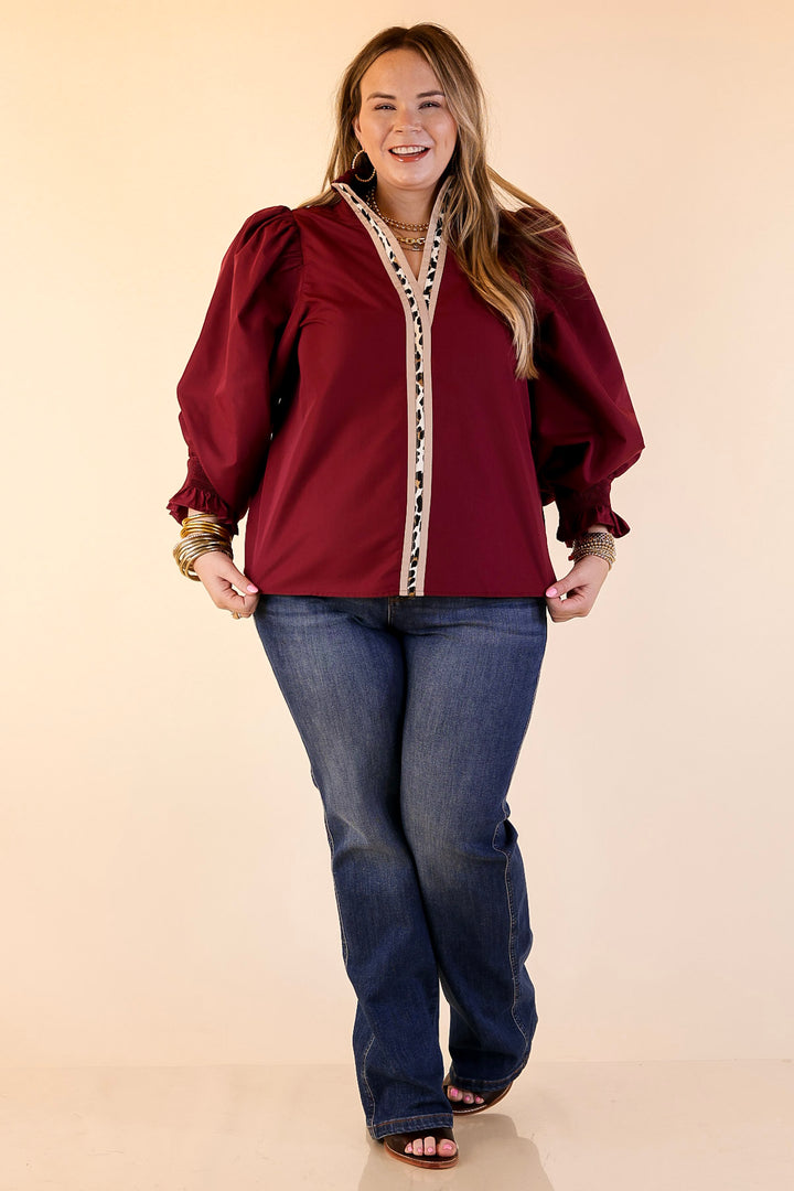 Trimmed in Style Puff Long Sleeve Blouse with Contrast Leopard Trim and Ruffle in Maroon