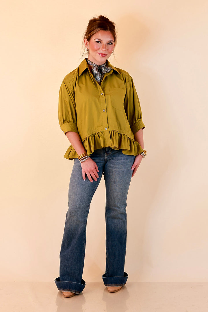 Style Agenda Solid Button Down Peplum Top in Chartreuse Olive Green