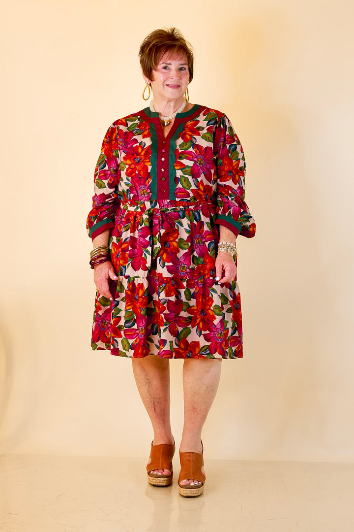 Color Me Confident Floral Print Button Front Contrast Trim Dress in Ivory, Plum and Emerald Green