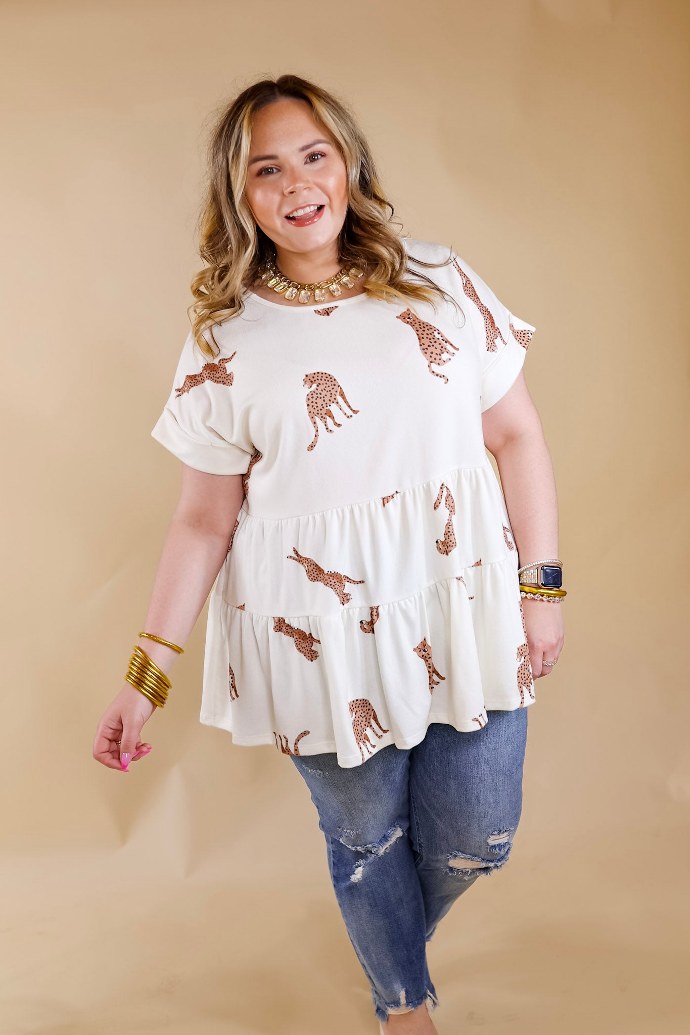 Feeling Wild Cheetah Print Tiered Babydoll Top in Ivory - Giddy Up Glamour Boutique