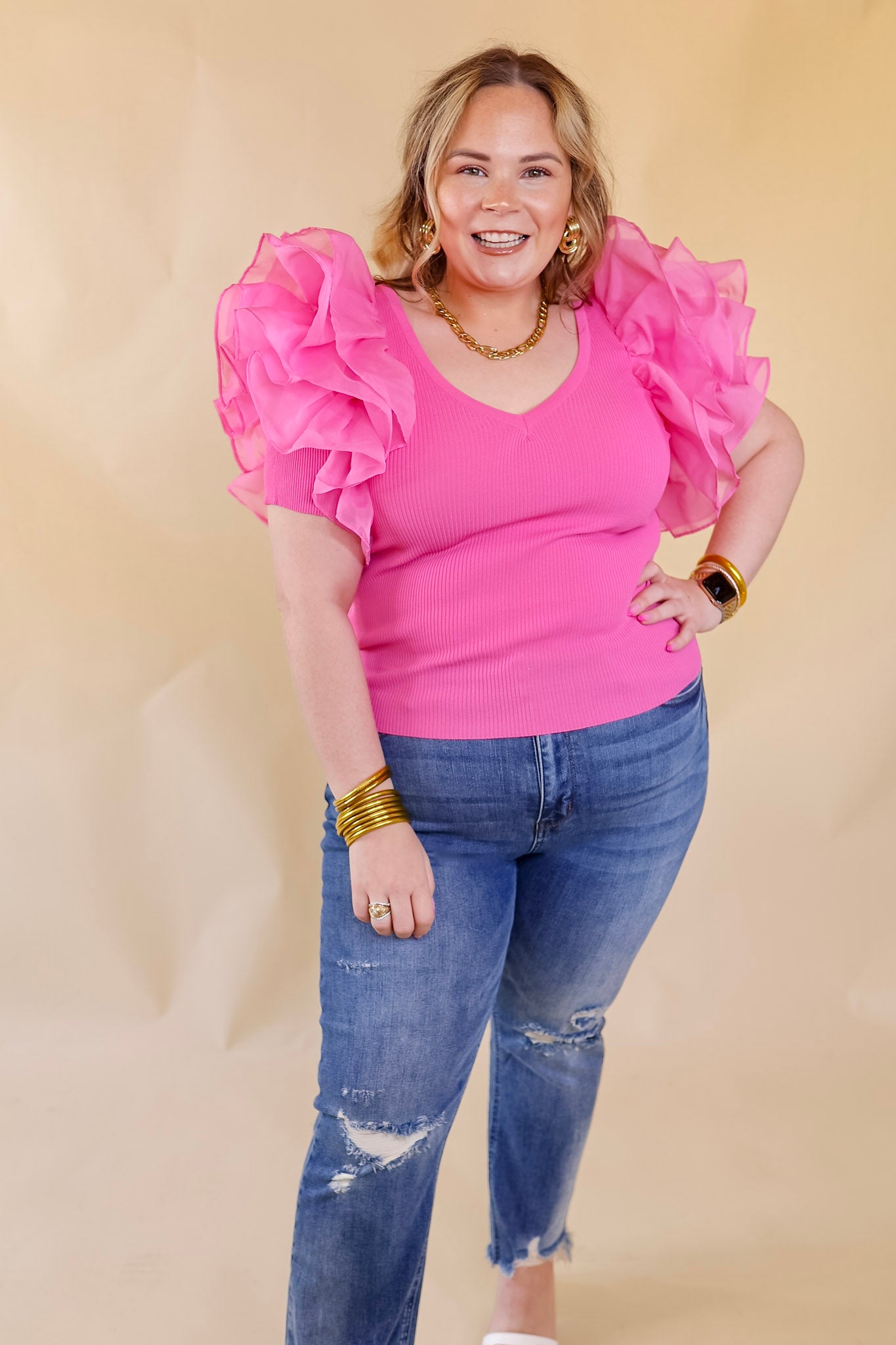 The Party Goes On Ribbed Fitted Top with Ruffle Sleeves in Pink - Giddy Up Glamour Boutique