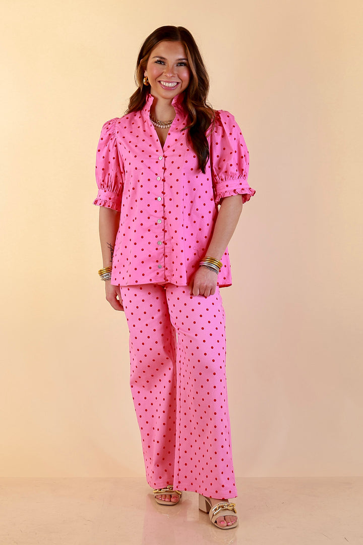 Poised and Polished Button Front Puff Sleeve Top with Polka Dot Print in Pink and Red