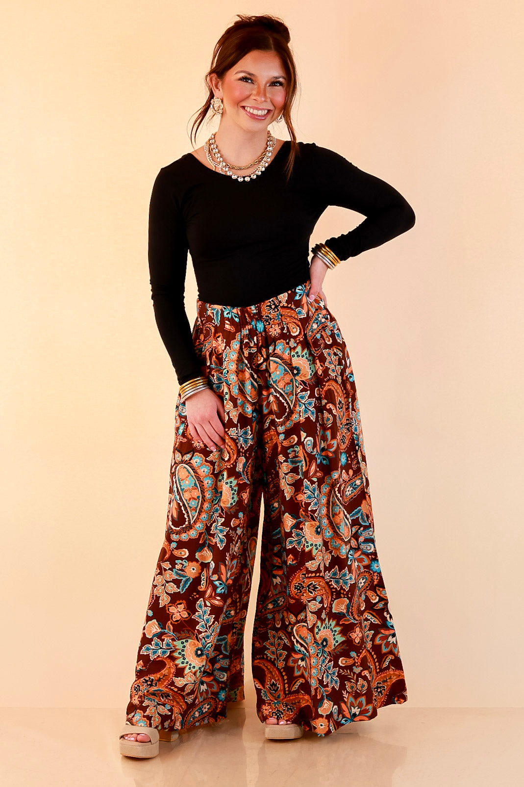 Free to Be Paisley Print Wide Leg Elastic Waist Pants in Chocolate Brown