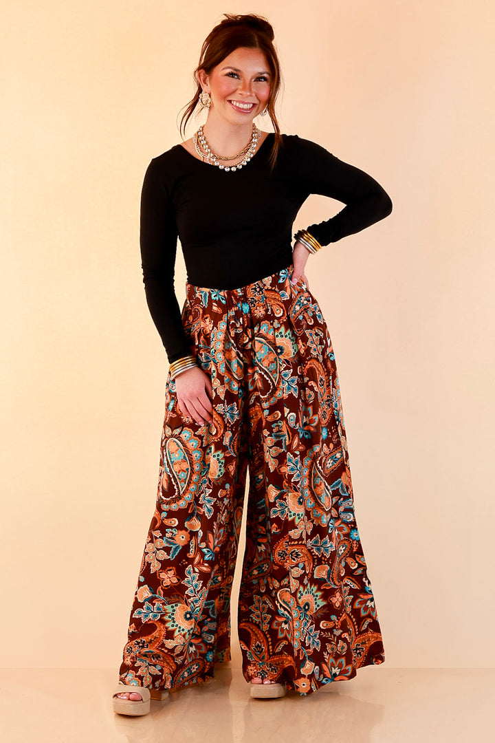 Free to Be Paisley Print Wide Leg Elastic Waist Pants in Chocolate Brown