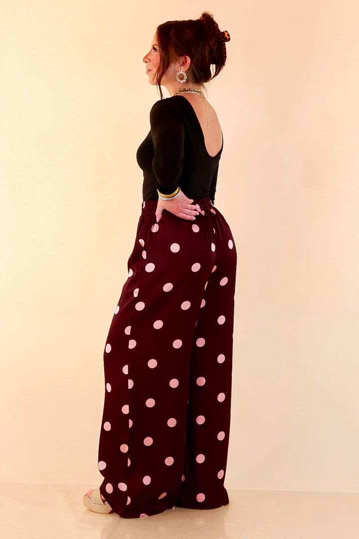 Two of a Kind Full Length Wide Leg Pull-On Drawstring Blush Pink Polka Dot Pants in Maroon