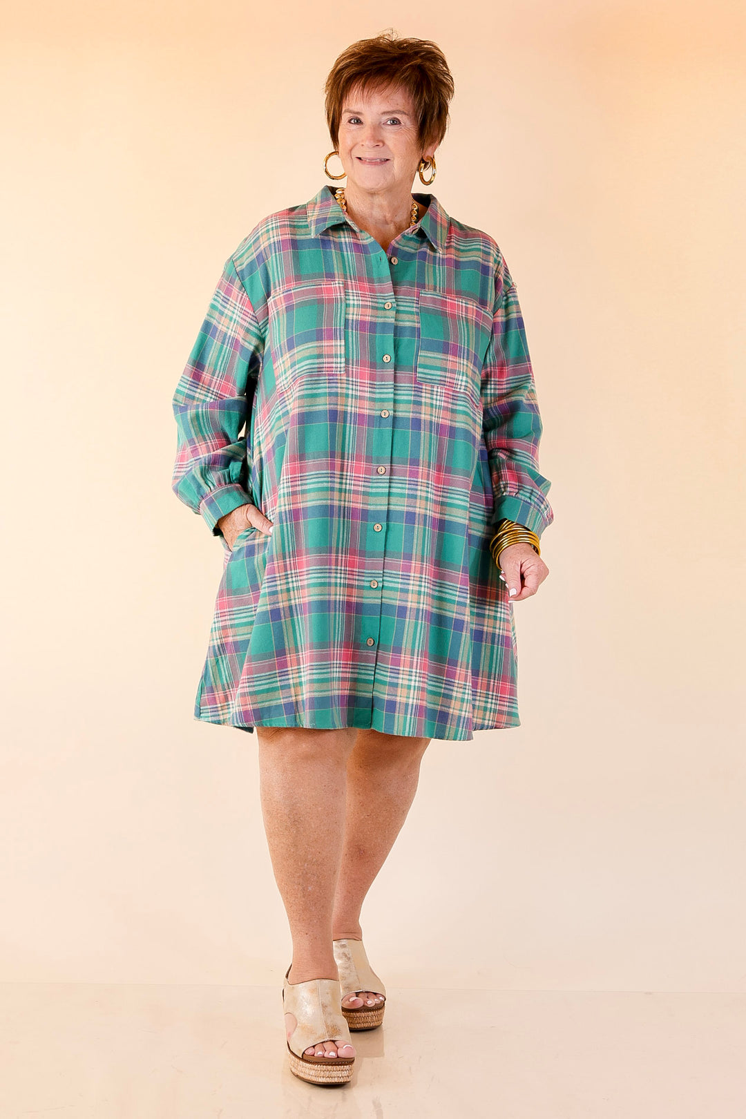 Vibrant Lifestyle Plaid Button Up Dress in Teal and Pink