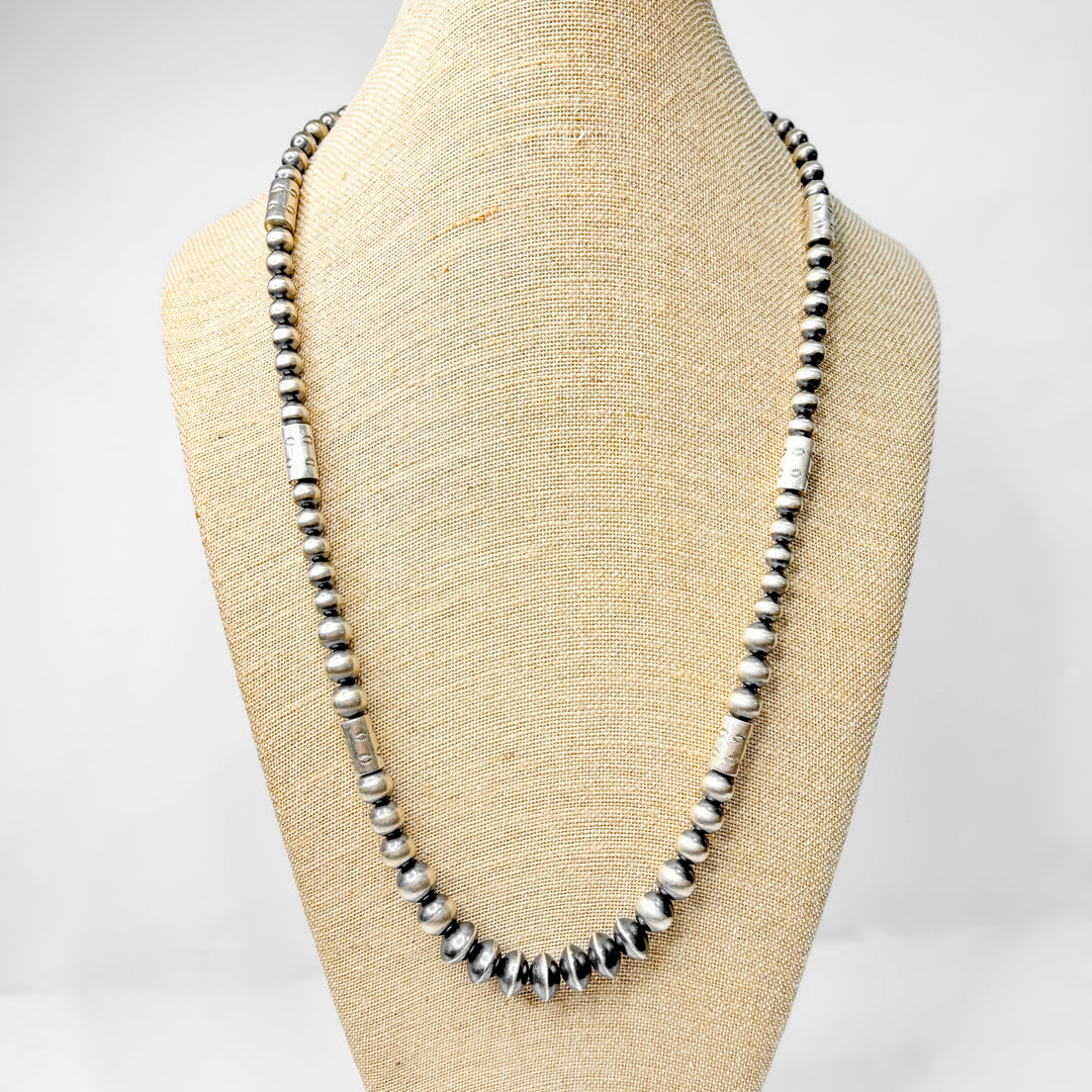 Navajo | Navajo Handmade Sterling Silver Graduated Navajo Pearl Necklace with Barrel Bead Spacers