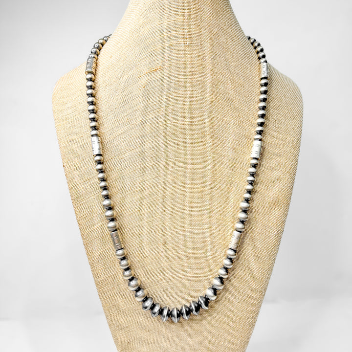 Navajo | Navajo Handmade Sterling Silver Graduated Navajo Pearl Necklace with Barrel Bead Spacers