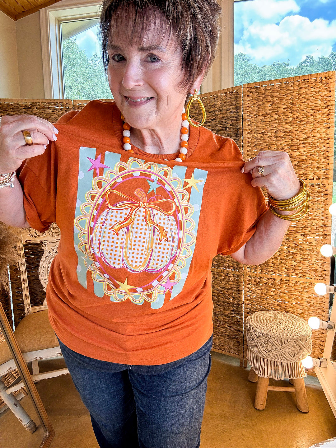 Sweet on the Season Gingham Pumpkin, Stripe and Polka Dot Design with Bow Detail Fall Graphic Tee in Rust Orange
