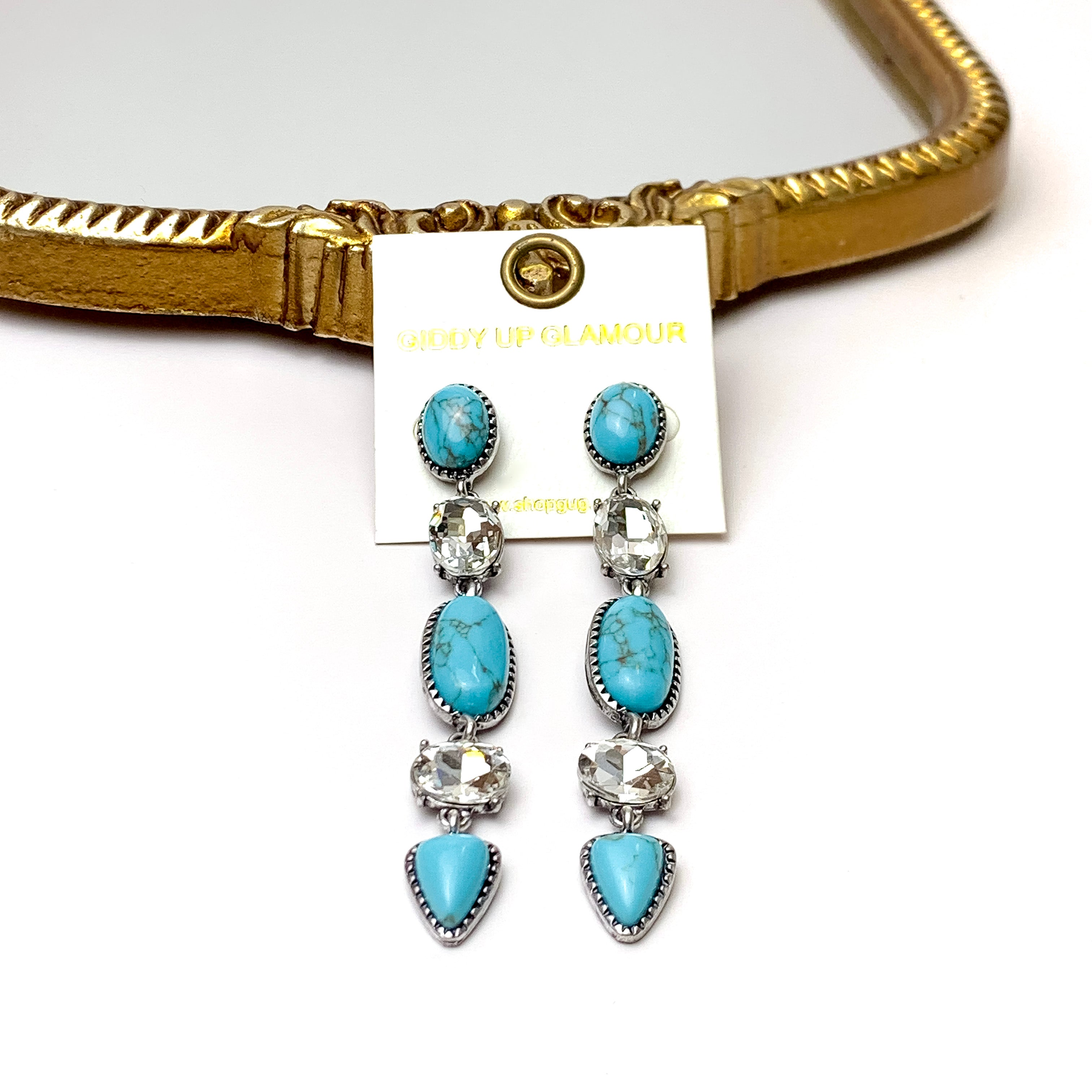 5 Tier Faux Turquoise and Clear Crystal Dangle Earrings - Giddy Up Glamour Boutique