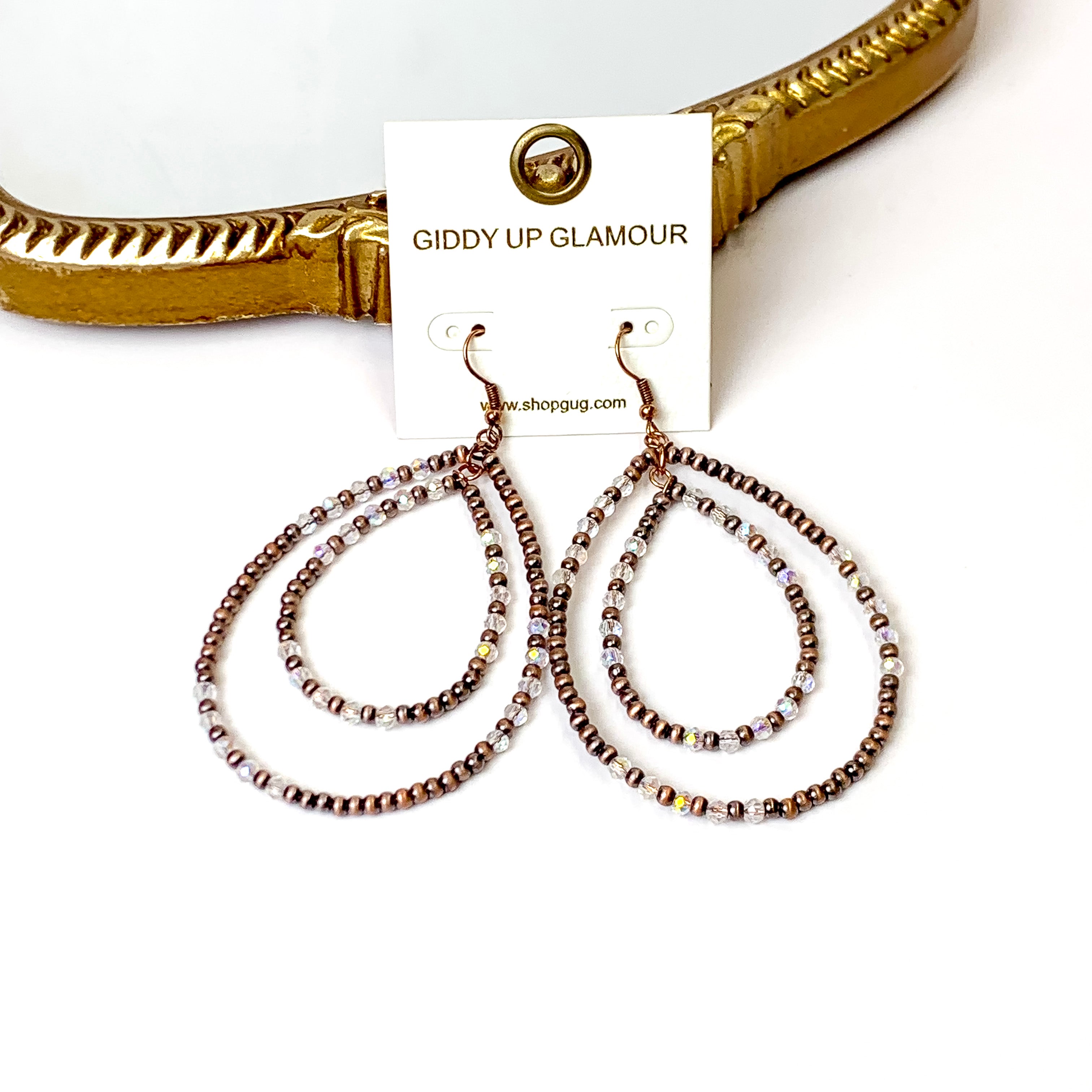 Layered Faux Navajo Pearl Beaded Teardrop Earrings with Clear Glass Spacers in Copper Tone - Giddy Up Glamour Boutique