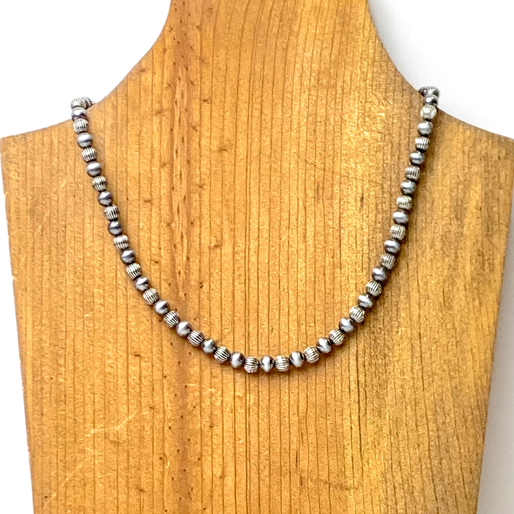 Faux Navajo Pearl Necklace with Corrugated Spacers in Silver Tone - Giddy Up Glamour Boutique