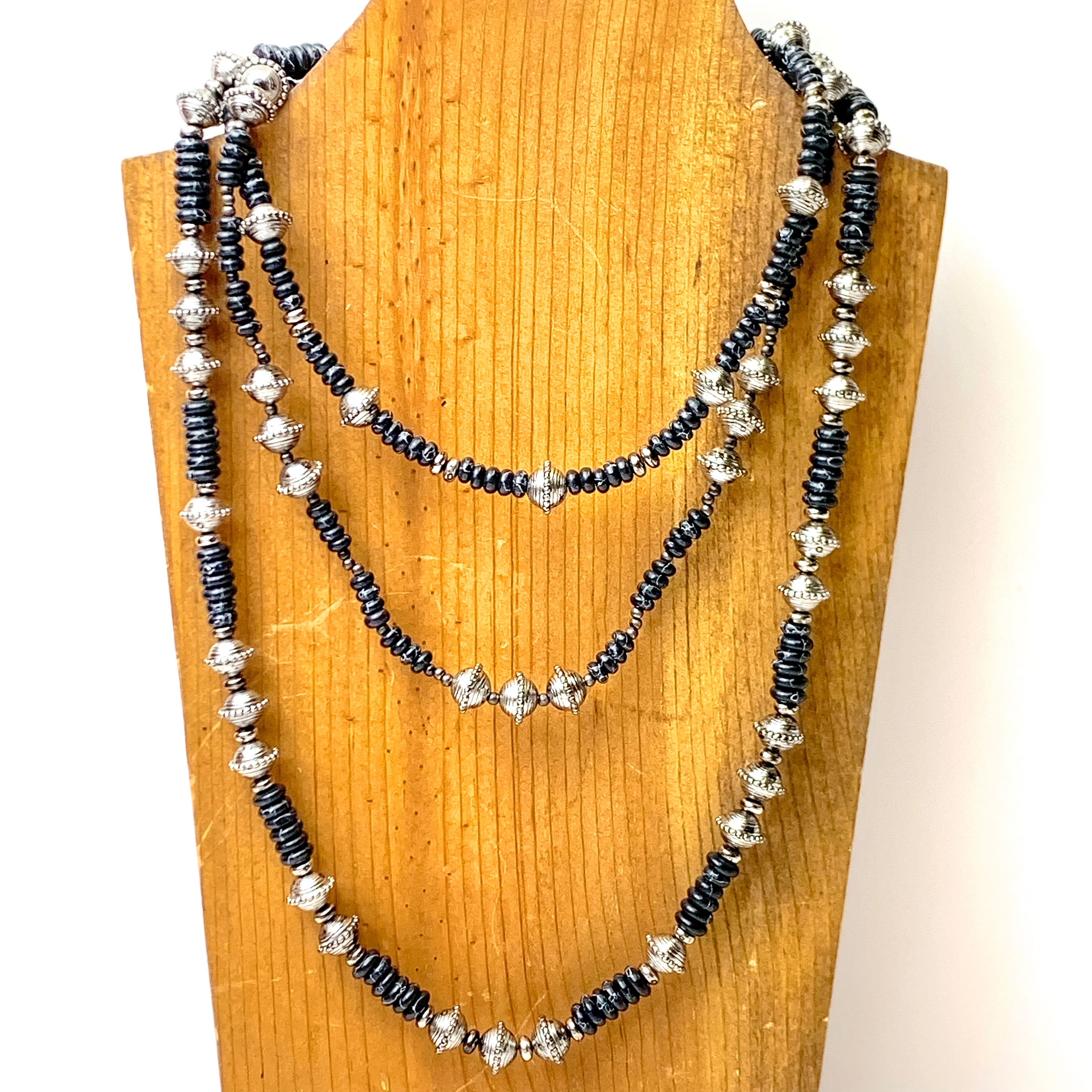 Three Strand Faux Navajo Pearl Necklace with Textured Saucer Beads in Black - Giddy Up Glamour Boutique