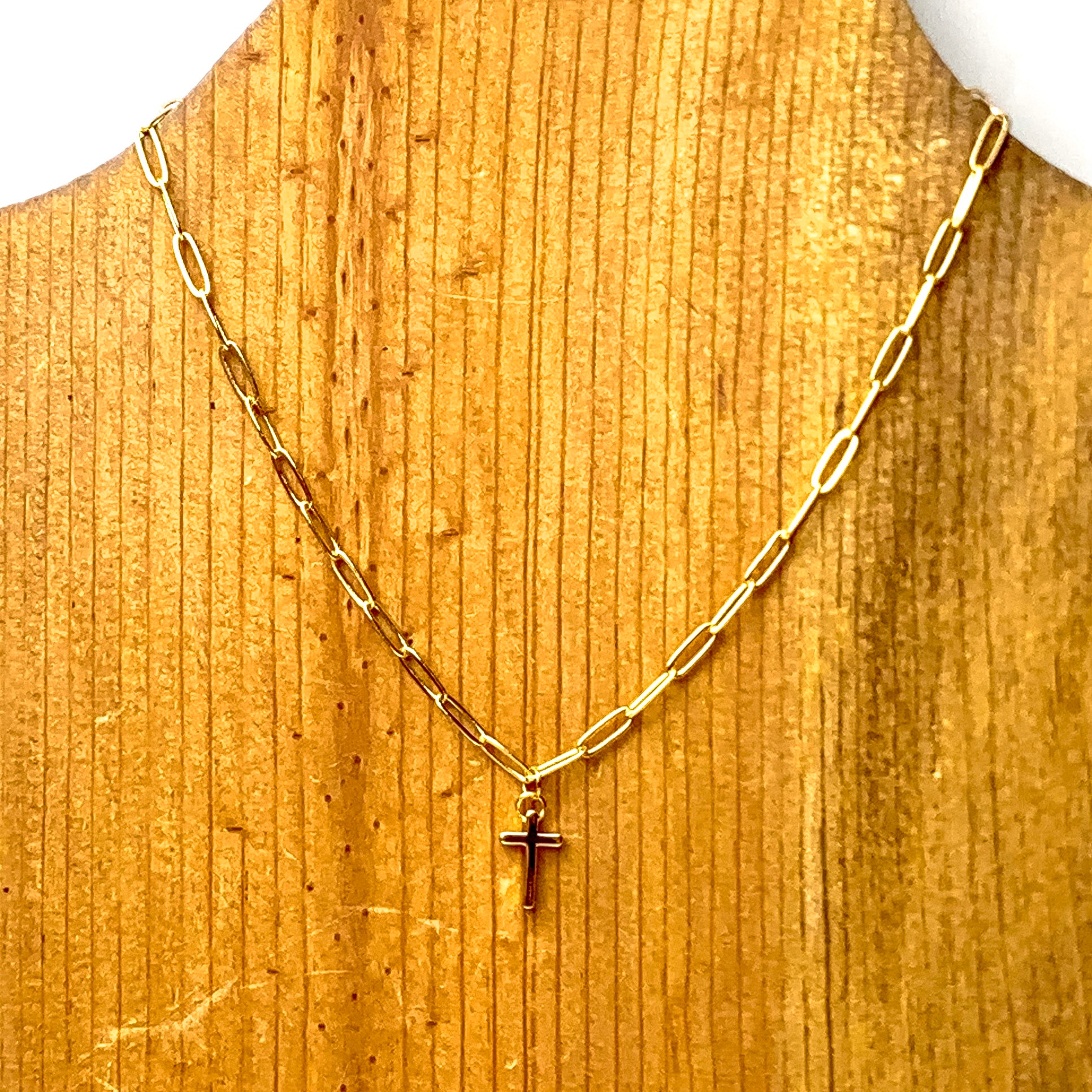 Paperclip Chain Necklace with Cross Charm in Gold - Giddy Up Glamour Boutique