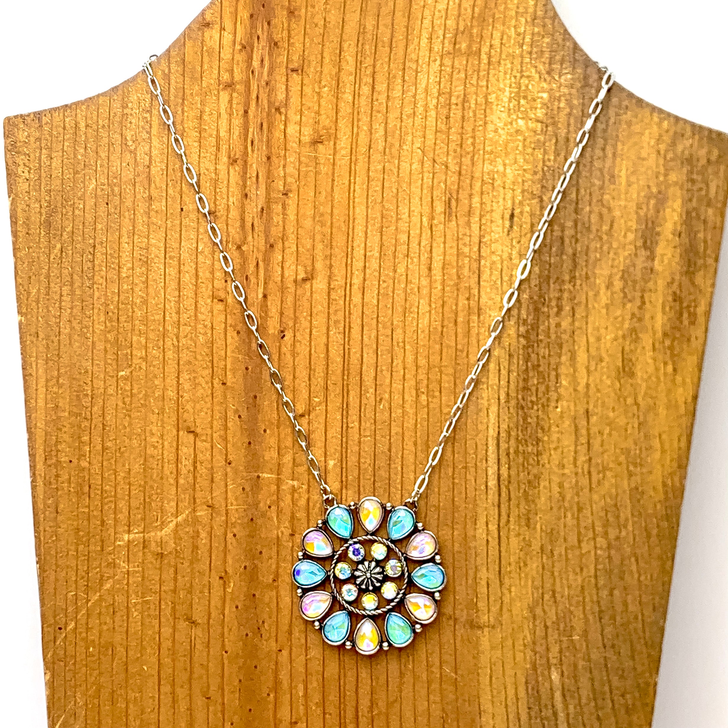 Desert Daisy Silver Tone Flower Concho Necklace in Light Pink and Turquoise - Giddy Up Glamour Boutique