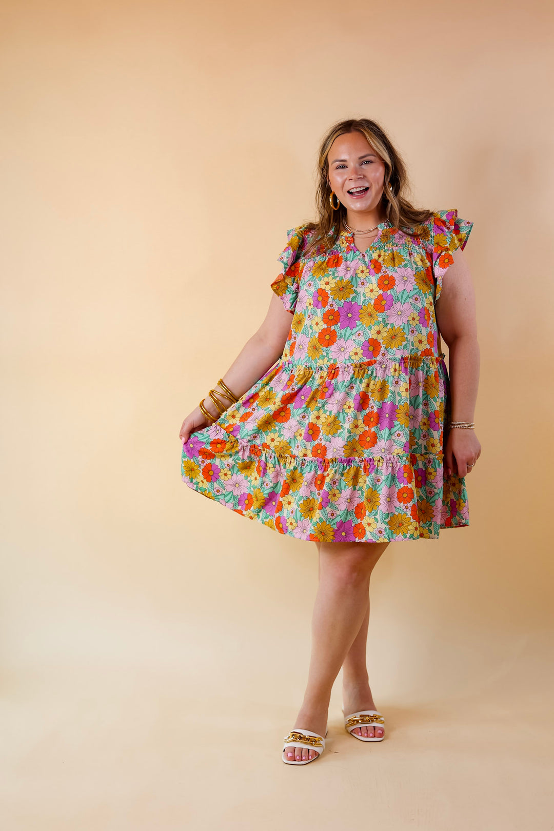 Pretty Days Floral Notched Neckline Dress in Cream - Giddy Up Glamour Boutique