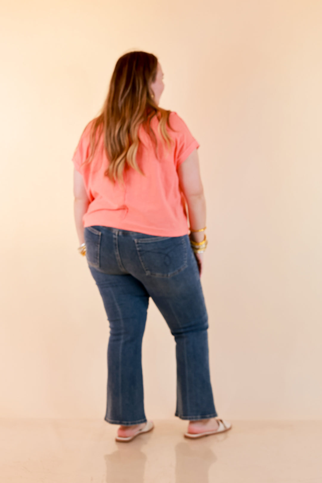 Laidback Luxe Rolled Drop Sleeve Relaxed Fit Basic Short Sleeve Top in Coral Orange