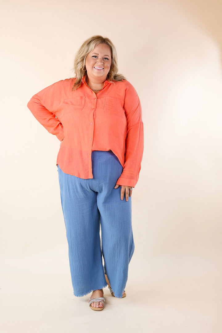 Effortlessly Charming Button Up With Crepe Fabric Top in Coral Orange - Giddy Up Glamour Boutique