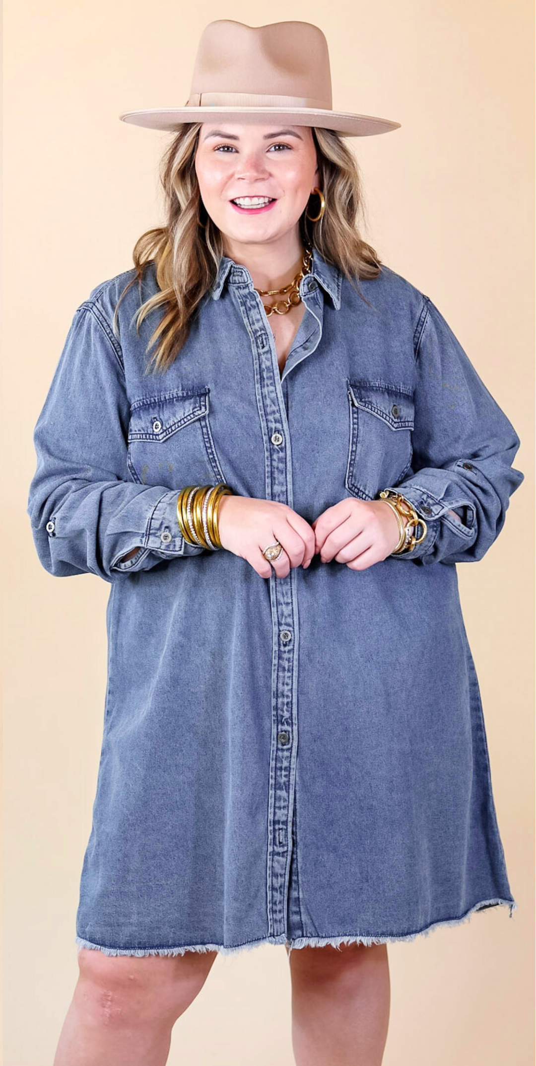 Patio Date Button Up Long Sleeve Denim Dress in Medium Wash