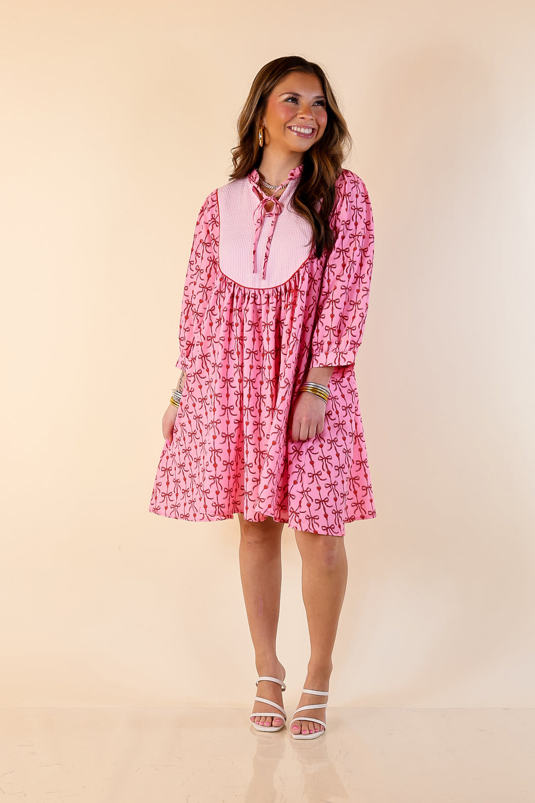 Simply Southern | Charming as Ever Red Bow and Heart Print Dress with Pink Pinstripe Front Yoke in Pink