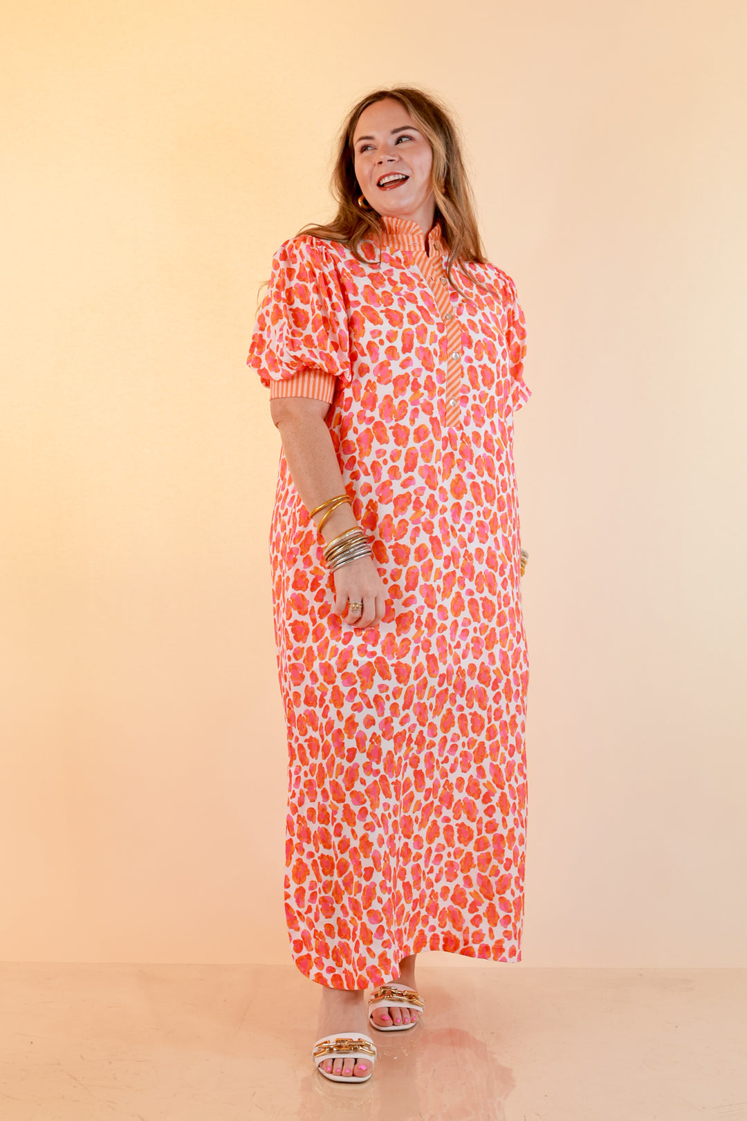 Feeling Extra Leopard Print Midi Dress with Stripe Contrast Collar and Puff Sleeves in Pink and Orange
